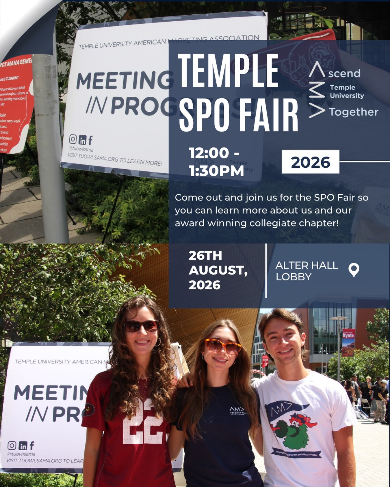 Hey Owls 🦉 AMA will be at the SPO Fair tomorrow, August 26th, from 12:00–1:30 PM in the Alter Hall Lobby!
Stop by our table to meet some of our members, learn more about our award-winning collegiate chapter, and see what Temple AMA has to offer.
Whether you’re looking to build your professional network, gain hands-on marketing experience, or get more involved at Fox, we’d love to tell you more about AMA.
We hope to see you there!