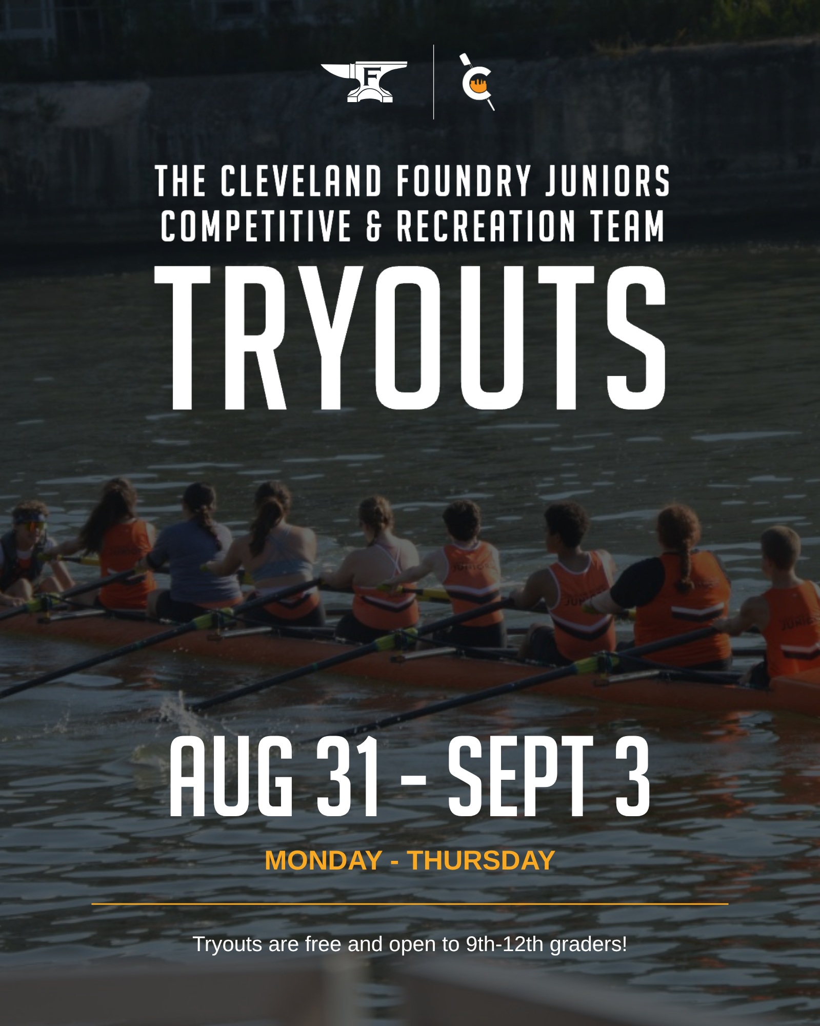 The Cleveland Foundry Juniors Competitive & Recreation Team Tryouts are coming up August 31st through September 3rd!
Tryouts are free and open to all 9th–12th graders interested in taking their rowing to the next level, meeting the team, and seeing what CFJ is all about. Come out, get on the water, and give it a try.
Register for tryouts today through the link in our bio!