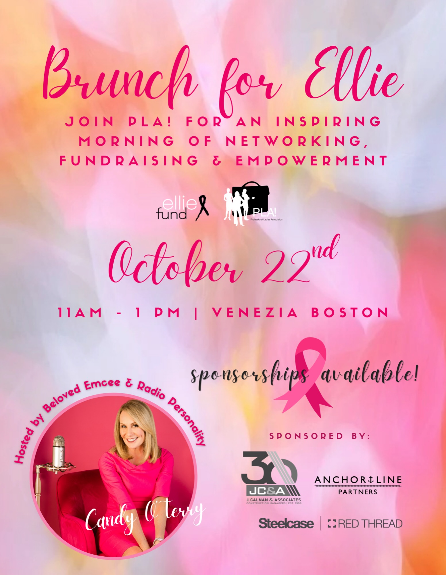 Join us for PLA’S Most Highly Anticipated Event of the Season!
For the past 11 years, PLA! has been honored to celebrate the courageous patrons of the Ellie Fund, and the incredible women working behind the scenes.
Founded in 1995, the Ellie Fund was created by brothers Jeff and Eliot Popkin in loving memory of their mother, Eleanor “Ellie” Popkin, to honor her courageous battle against breast cancer with the idea to support other patients and families facing similar hardships.
Today, the non-profit provides essential support services for breast cancer patients to ease the stresses of everyday life, allowing the focus to be on family, recovery, and healing.
By providing support services such as transportation assistance, grocery gift cards, meal delivery, childcare reimbursement, housekeeping, and integrative therapies, Ellie Fund helps address the financial and emotional impacts of breast cancer. The Ellie Fund’s impact extends far beyond direct services through patient advocacy, outreach, support groups, and education efforts.
PLA! is so proud to play a part in the Ellie Fund’s story, donating over $100,000 to this incredible organization, thanks to all of YOU and this annual event.
We hope you will join us this year on October 22nd as we hear from three incredible women, each inspiring us with their own unique tale of perseverance, led, of course, by our dear friend Candy O’Terry!
Follow along on social media as we reveal this year’s honorees and share memories and anecdotes from our sponsors!
HUGE thank you to our early sponsors; JC&A, Anchorline Partners, Structure Tone and Red Thread.
Check out sponsorship opportunities here: https://www.plaboston.com/event-details-registration/pla-brunch-for-ellie