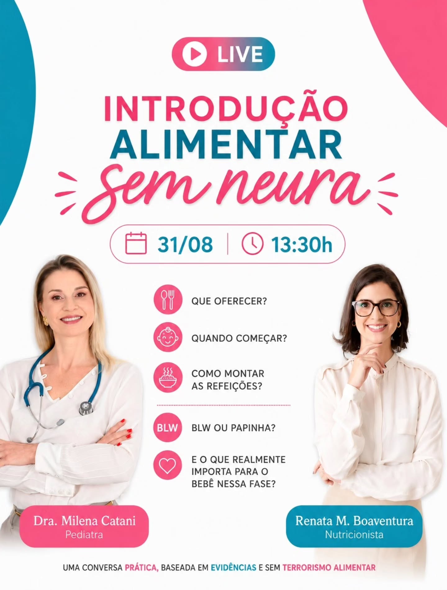 🥣 Introdução alimentar sem neura!
A introdução alimentar é uma fase cheia de descobertas — para o bebê e também para os pais. E, junto com ela, chegam muitas dúvidas: será que estou oferecendo os alimentos certos?
Estou começando no momento adequado? Preciso escolher entre BLW e papinha?
Para conversar sobre tudo isso de forma prática, baseada em evidências e sem terrorismo alimentar, vou receber a nutricionista Renata M. Boaventura para uma conversa especial.
Vamos falar sobre o que realmente importa nessa fase: quando começar, o que oferecer, como montar as refeições, consistências, BLW, papinhas e muito mais.
📅 31/08
⏰ 13h30
📍 Ao vivo aqui no Instagram
Tem alguma dúvida sobre introdução alimentar? Deixe nos comentários. Podemos responder durante a live! 👇
Salve este post e envie para aquela família que está prestes a começar essa fase. 💛
#IntroduçãoAlimentar #AlimentaçãoComplementar #AlimentaçãoInfantil #NutriçãoInfantil #Pediatria BLW Papinha Bebês Maternidade Primeiros1000Dias