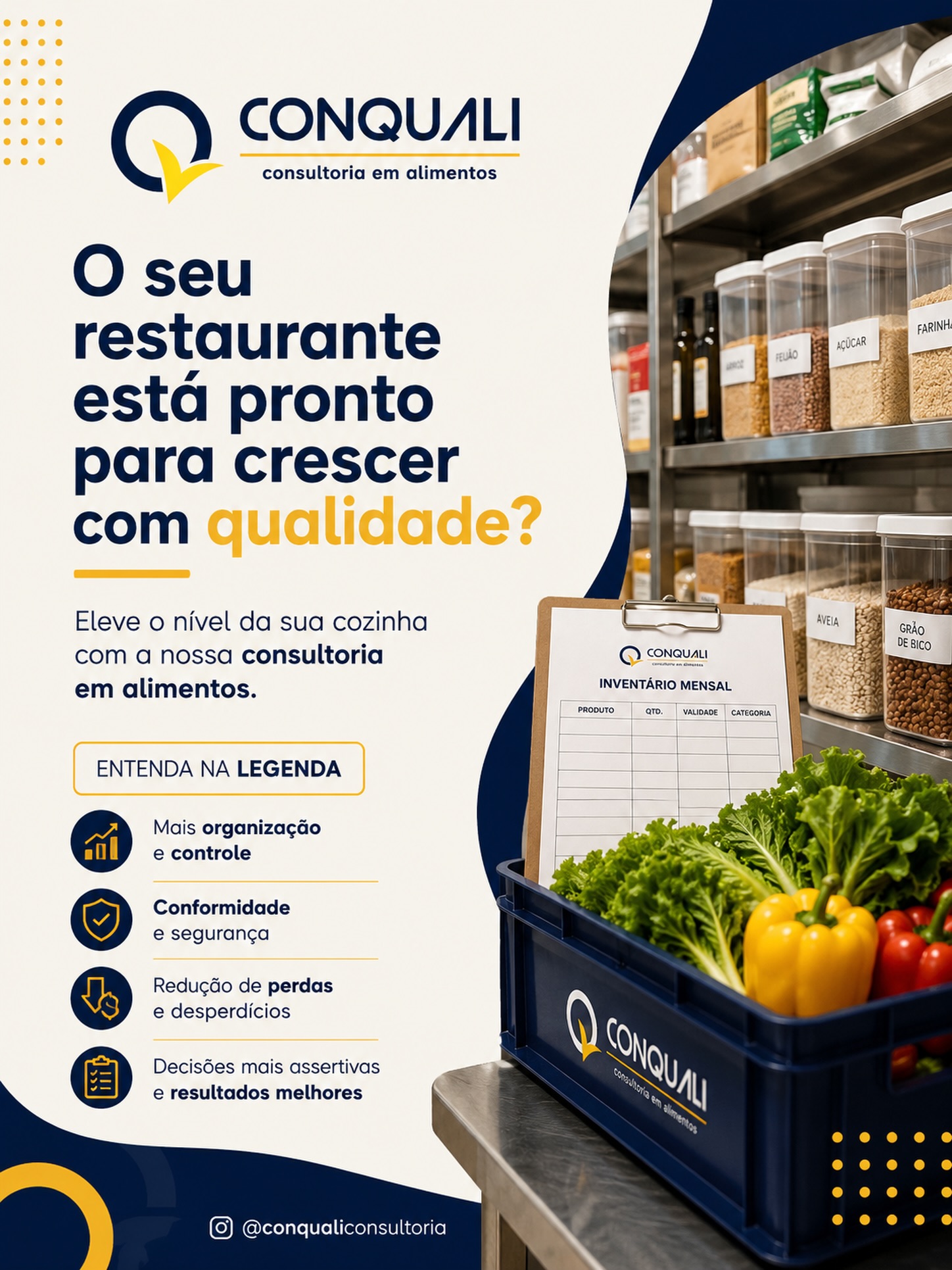 Crescer com qualidade exige mais do que aumentar a produção. Exige processos bem definidos, controle e segurança em cada etapa. 📋🍽️
Com uma consultoria especializada, seu restaurante pode identificar falhas, reduzir perdas e desperdícios, melhorar a organização da operação e tomar decisões mais assertivas.
Porque uma cozinha preparada não é apenas aquela que funciona hoje — é aquela que está estruturada para crescer com segurança e consistência.
A Conquali ajuda seu negócio a transformar processos em resultados. 💙💛
📲 Fale com a nossa equipe e descubra como podemos elevar o nível da sua operação.
#Conquali #ConsultoriaEmAlimentos #GestãoDeRestaurantes #SegurançaDosAlimentos #FoodService