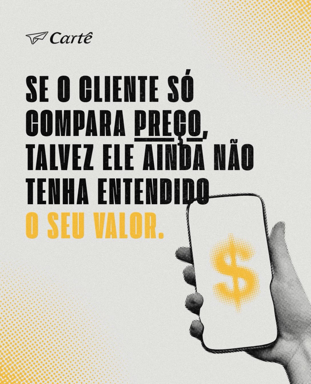 Preço é apenas uma parte da decisão. Quando o cliente não enxerga o valor por trás de uma solução, a comparação acaba ficando restrita ao número.
Mostrar experiência, qualidade, estratégia, atendimento e os resultados que você entrega também faz parte de comunicar o seu valor.
Quem entende o valor do que você oferece não escolhe apenas pelo menor preço.
✨Vem pra Cartê!