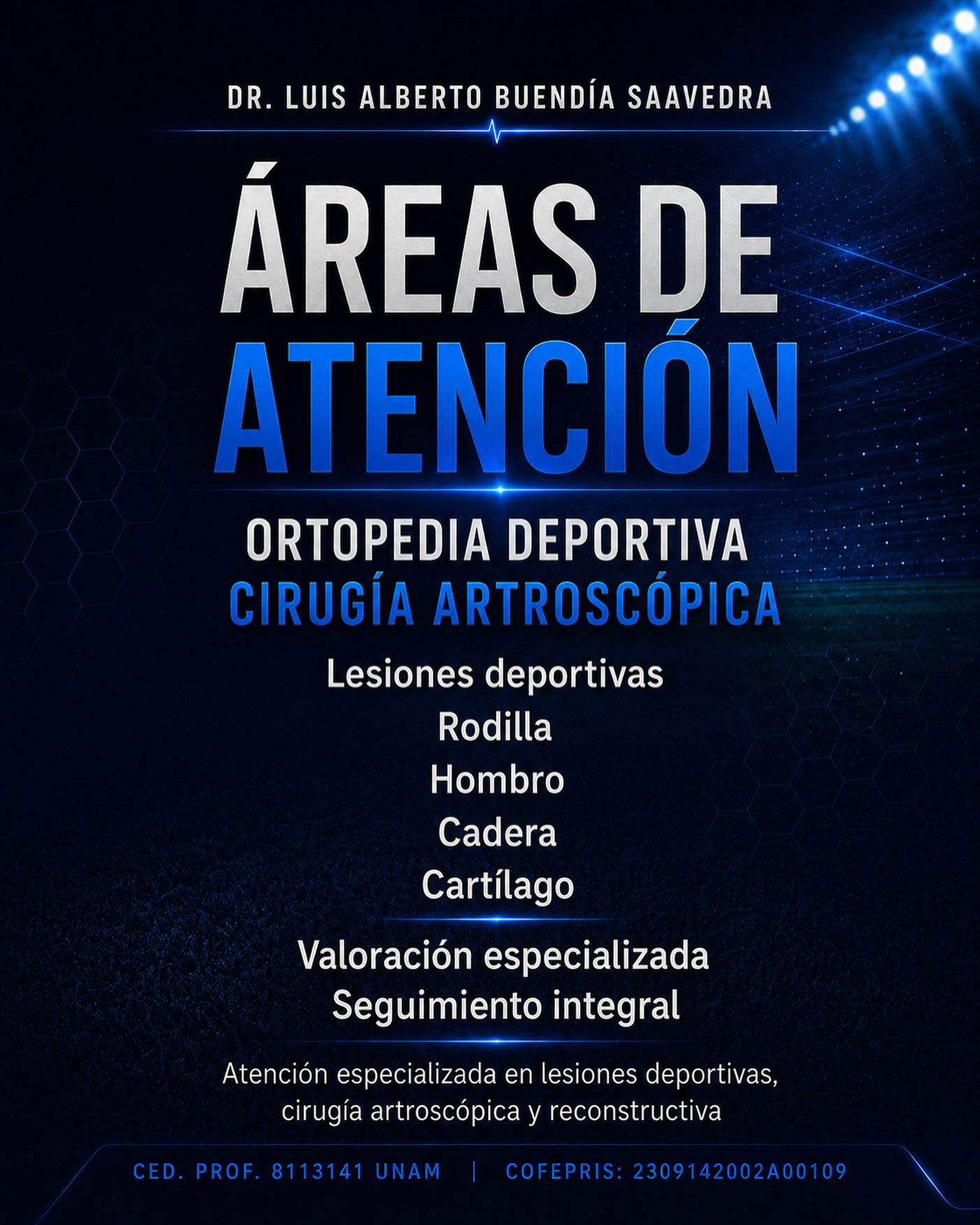 📍 3 consultorios en CDMX para estar más cerca de ti
Soy el Dr. Luis Alberto Buendía Saavedra, ortopedista y traumatólogo deportivo, con alta especialidad en cirugía artroscópica, reconstrucción articular, trasplante de cartílago y reemplazos articulares.
Brindo atención especializada para lesiones deportivas y enfermedades articulares de rodilla, hombro, cadera y cartílago, con un enfoque personalizado para ayudarte a recuperar tu movilidad y volver con seguridad a tus actividades.
🏥 Consultorios:
1. Hospital San Ángel Inn Universidad
Torre 2 Mitikah · Consultorio 634
03330 Ciudad de México, CDMX
📞 Citas: 55 5131 3904
2. Hospital Ángeles Metropolitano
Torre Diamante · Consultorio 305
Tlacotalpan 59, 06760 Ciudad de México, CDMX
📞 Citas: 55 1334 4527 · 55 5131 3904
3. Global Surgery Center WTC
Consultorio 1
Montecito 38, 03810 Ciudad de México, CDMX
📞 Citas: 55 5131 3904 · 55 4418 7605
Agenda tu valoración y recibe un plan de tratamiento diseñado para tu caso.
Dr. Luis Alberto Buendía Saavedra
🏥 Especialista en lesiones deportivas, cirugía artroscópica y reconstructiva
Alta especialidad en artroscopía, trasplante de cartílago y reemplazo articular
CP. Esp.: 8070731 UNAM | COFEPRIS: 2309142002A00109
📞 Consultorio: 5551313904
#ortopediadeportiva #cirugíaartroscópica #lesionesdeportivas #traumatologia #saluddeportiva