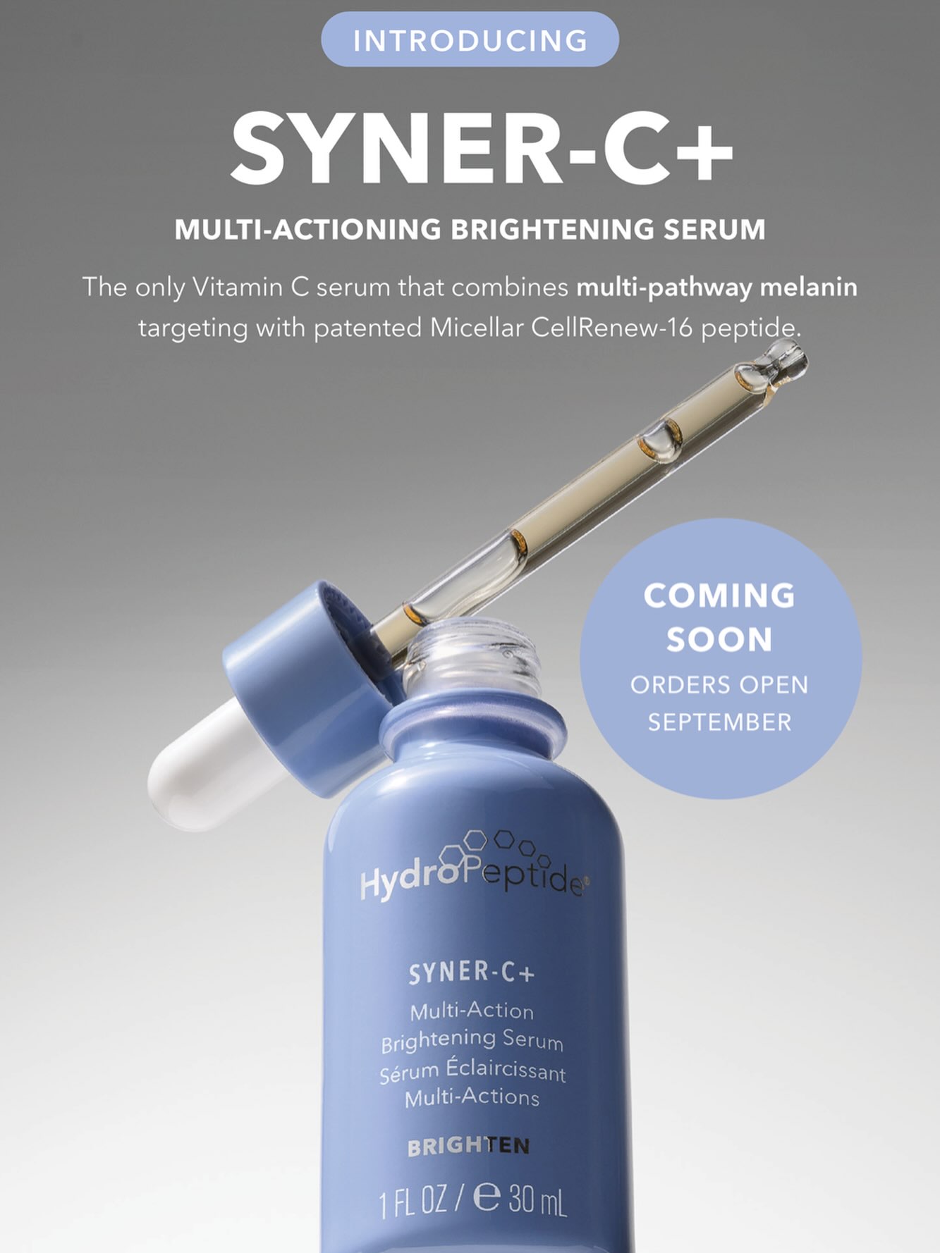 Coming very soon from HydroPeptide
Our new secret weapon against hyper-pigmentation and uneven skin tone
Syner-C+