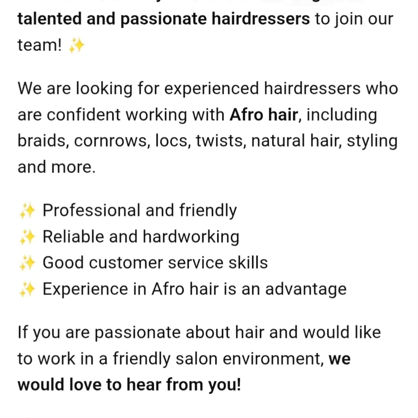 Hairdresser wanted!! If interested please contact me on 07944251960