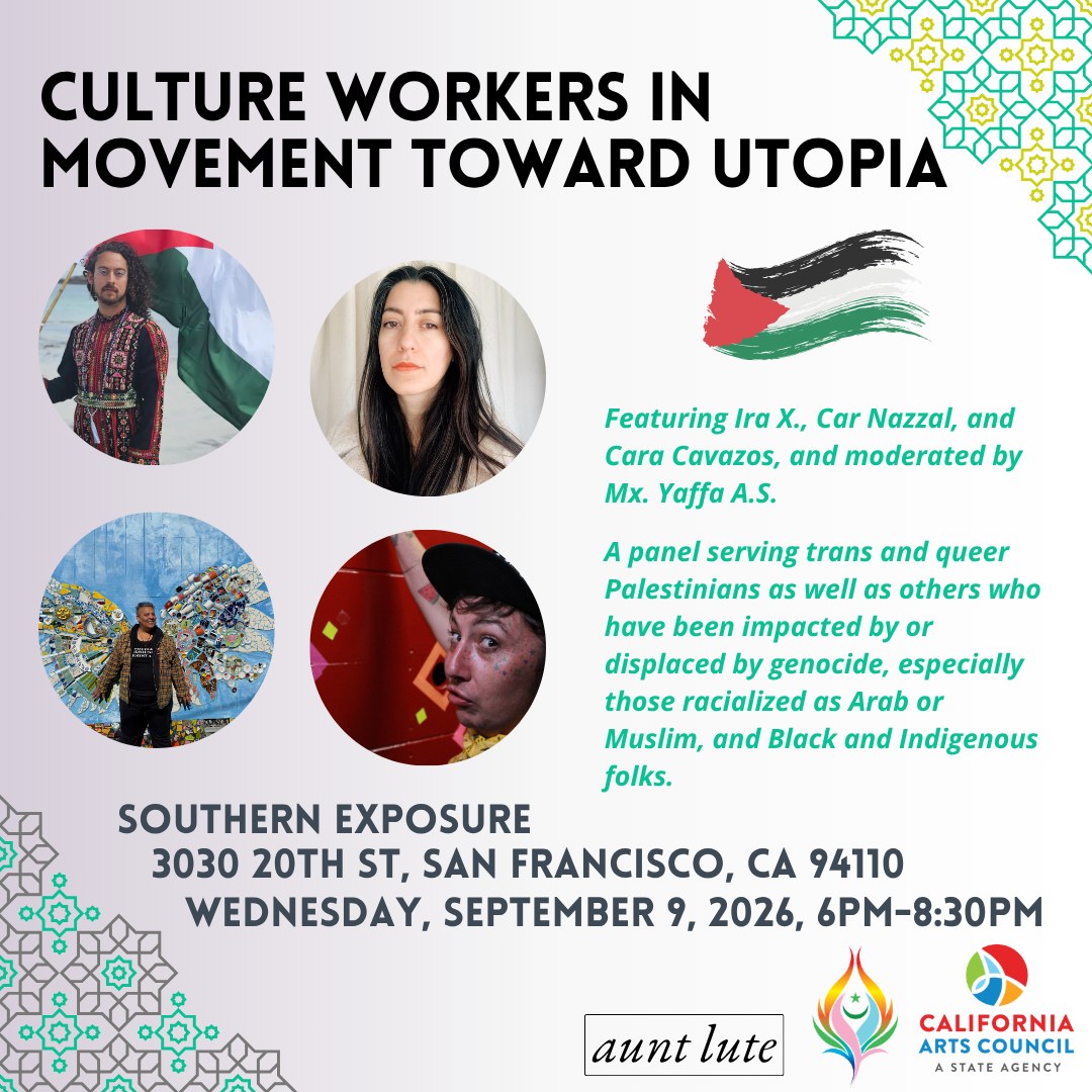 We're excited for @iraxarmstrong, @thankyouceramics, and @sirenindeathling to join as panelists for Culture Workers in Movement Toward Utopia, coming up in early September. And we're thrilled for @yaffasutopia to be our panel moderator and lead artist for this project in partnership with @themasgd.
Register today via Eventbrite! Link in bio.
#auntlute #auntlutebooks #cultureworkers #Palestine #Palestinians #Queer #Trans #art #literature #panel #southernexposure #sanfrancisco