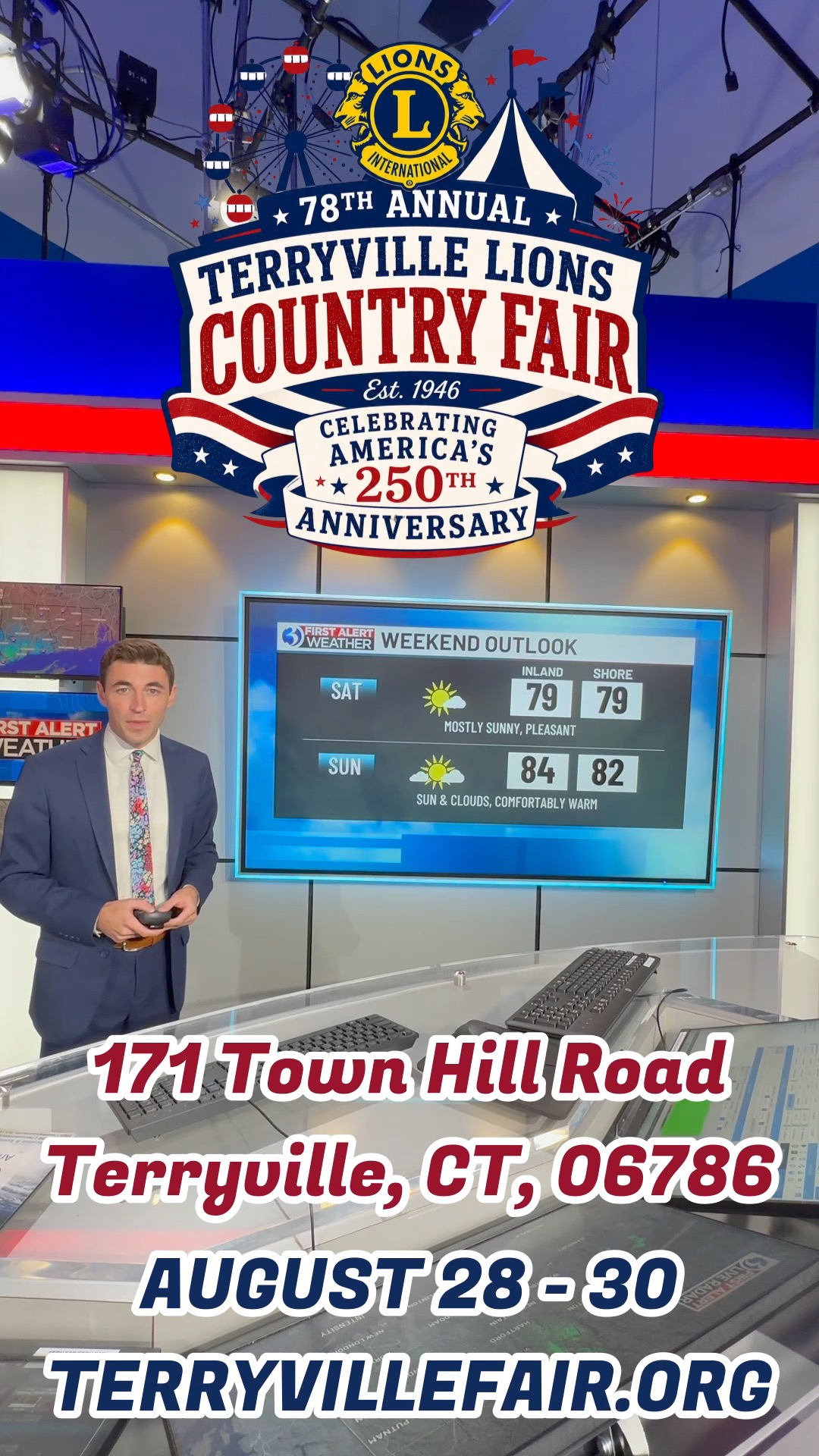 FAIR WEEKEND IS LOOKING GOOD!☀️
We checked in with WFSB’s Mike Slifer, and the forecast is looking like a great one for the 78th Annual Terryville Lions Country Fair!
Fair Weekend is almost here, so now is the time to start making those plans. Grab the family, round up your friends, pick your favorite Fair food, and get ready for a weekend packed with rides, animals, live entertainment, motorsports, fireworks, and plenty of Terryville tradition.
▶️ Check out Mike’s forecast and then start planning your Fair Weekend!
📅 August 28–30, 2026
📍 Terryville Lions Country Fair
We'll see you at the Fair! 🎡🇺🇸
#TerryvilleLionsCountryFair #FairWeekend #TerryvilleFair #MikeSlifer #WFSB #FairWeek #America250 #ItsMoreThanAFairItsATerryvilleTradition