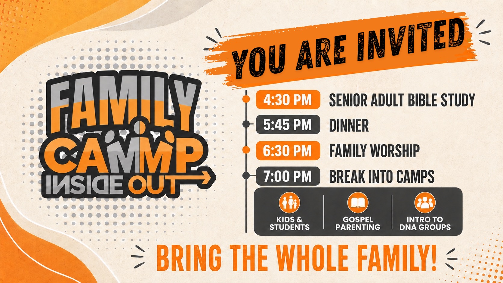 Join us for the second week of Family Camp!
Dinner is served at 5:45, with a suggested donation of $5 for a single-unto $20 for a family.
We can't wait to see everyone tonight!
