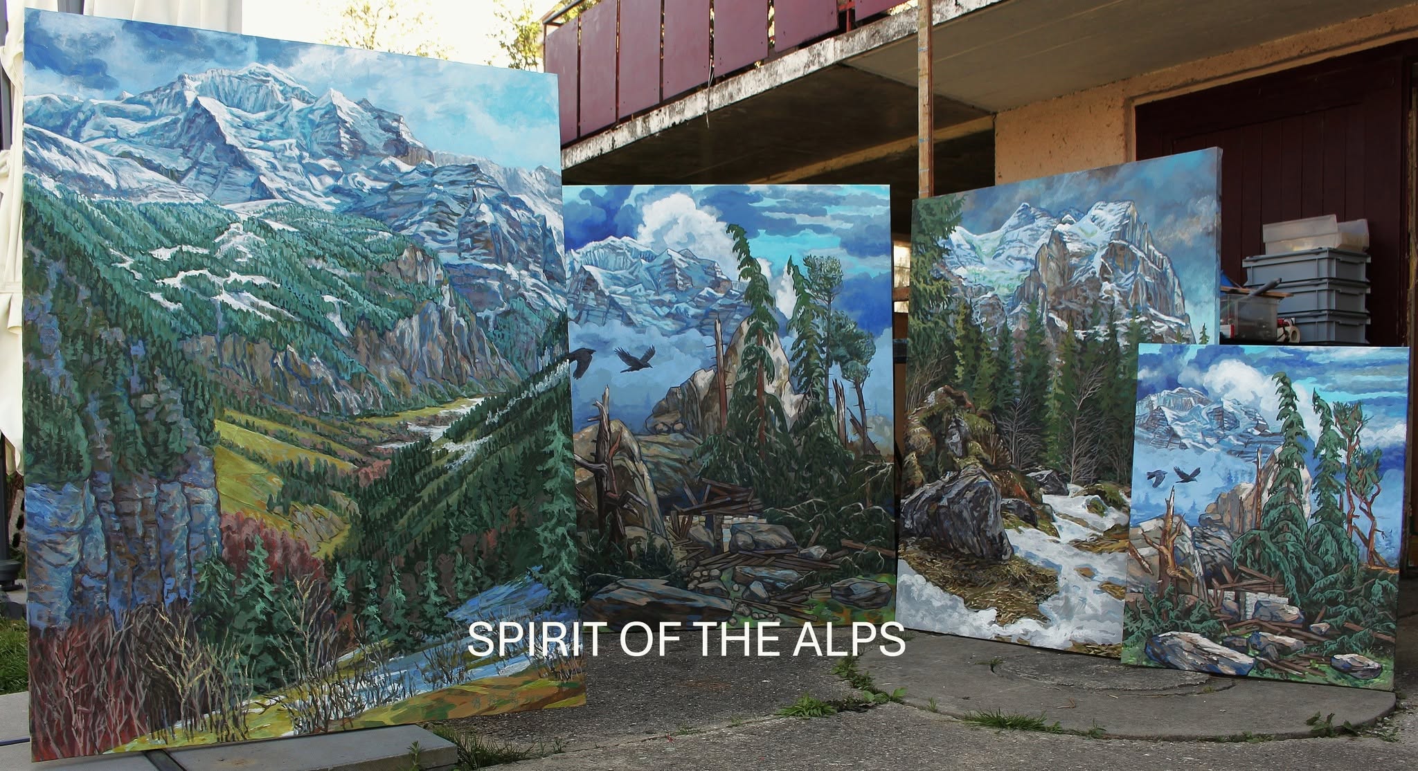 Quelques peintures de Bernard Bailly devant l'atelier de Tentlingen pour l'exposition collective de Grindelwald.