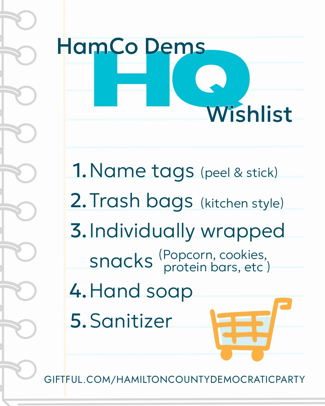 Our office volunteers have compiled a list of items needed to keep our HQ in proper working order. Grab one (or more) of these items, pop by during the posted hours, and buy a garden sign or grab a candidate’s yard sign while you’re there! 🙌