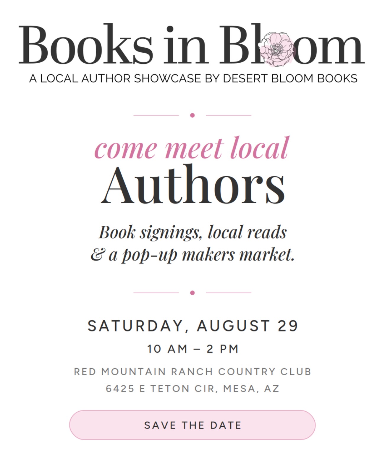 I’m excited to be part of the Books in Bloom Local Author Showcase @desertbloombooks this Saturday in Mesa alongside 30 local authors for a fun day celebrating books, stories, and our Arizona writing community!
Come browse books, meet local authors, shop the pop-up market, and find a few new reads to take home.
📍 Red Mountain Ranch Country Club | Mesa
📅 This Saturday
⏰ 10 AM–2 PM
Come out, bring a friend, and support local authors and small businesses! Hope to see you there!
#BooksInBloom #ArizonaAuthors #AZAuthor #ShopLocalAZ #ParentOnPurpose