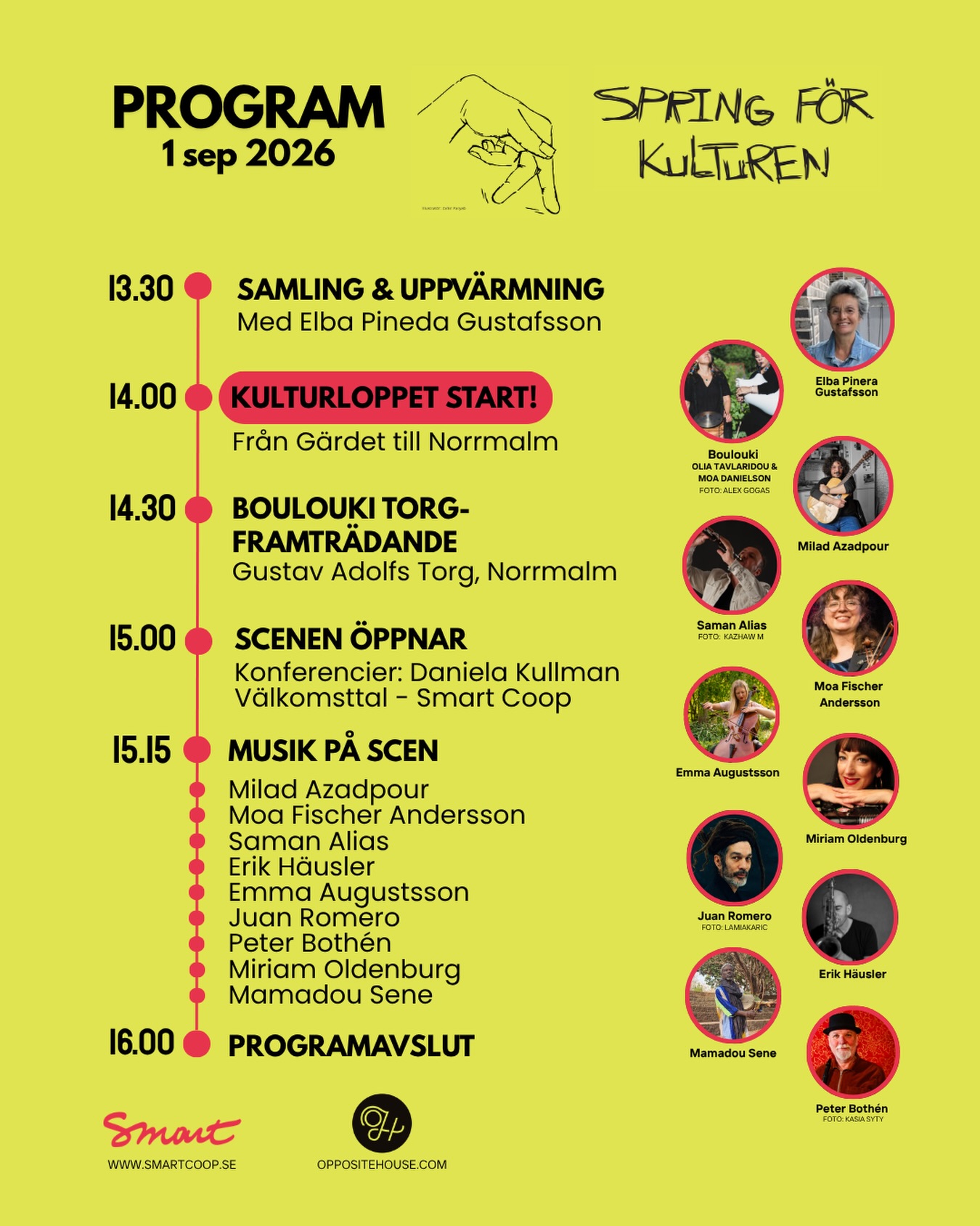 HELA PROGRAMMET ÄR HÄR! 🫶
Spring för Kulturen är ett 3 km långt kulturlopp (icke tävling) genom Stockholms stadskärna där konstnärer, kulturarbetare och alla som vill uppmärksamma kulturens värde möts och rör på sig tillsammans.
Alla är välkomna att springa, gå, rulla eller dansa längs banan!
Eventet avslutas mellan 14.30-16.00 på Gustav Adolfs Torg, Norrmalm, med firande och scenframträdanden!
Scenprogrammet presenteras av pjäsförfattaren, regissören och scenkonstnären @danielakullman
💛 Träffa artisterna:
@samanaliasmusic
Producent, klarinettist, kompositör och pedagog som kombinerar modern jazz med kurdisk folkmusik.
Boulouki
Dionysisk dans- och transmusik från Thrakiens och Makedoniens förantika karnevalstradition med säckpipa och trummor. Medverkande: @olia_tav & @danielsonmoa
@miladazadp & @moafischera
Milad: Iransk protestartist i exil som kämpar för frihet genom sin musik.
Moa: Violinist.
@erikhausler
Saxofonist, musikskribent, producent, filmkompositör och ljudlandskapskonstnär.
@emma_augusta
Cellist, sångare och kompositör.
@juan_romero_musica
Slagverkare och kompositör.
@peterbothenmusic
Musiker, fotograf och producent.
@miriam_oldenburg
Dragspelare och pianist, främst inom klezmer, folk- och världsmusik samt kabaré.
Mamadou Sene
Kompositör, sångare och musiker med 60 års erfarenhet av att förena afrikanska och europeiska musiktraditioner.
VI SES DÄR ❤️
🖌️ Illustratör: @zahirparyab @zap.utopia
📸 Under eventet kommer vi att fotografera och filma för användning i vår kommunikation och på sociala medier. Om du inte vill förekomma i bild är du alltid välkommen att meddela oss innan eventet eller på plats.
#stockholmkultur #lopp
@intercult @europedirectstockholm @iwonapreis @shekufehprb @opposite_house