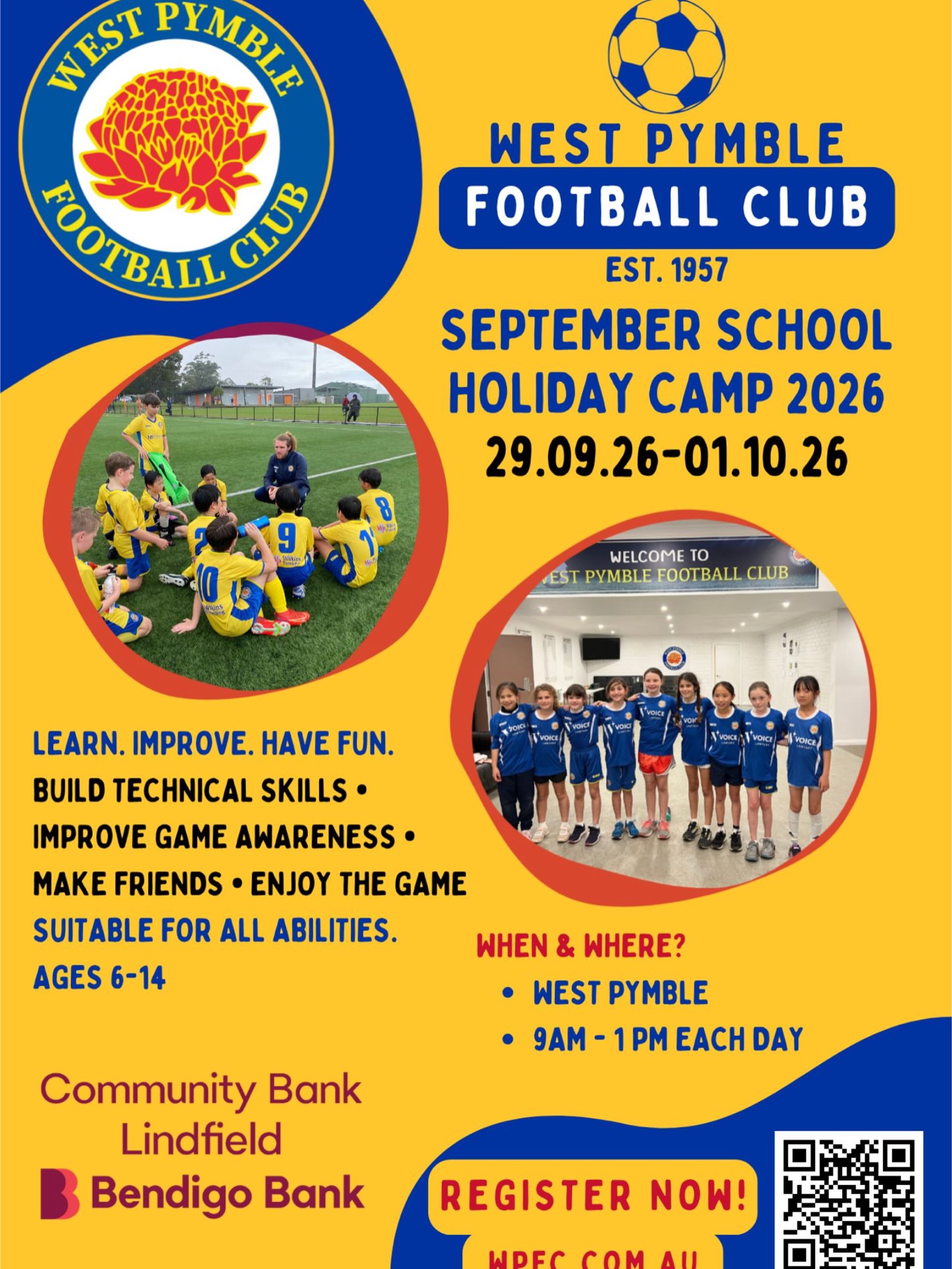 β½ SEPTEMBER SCHOOL HOLIDAY CAMP! π‘π΅
Keep the kids active and playing football these school holidays with the West Pymble FC September Holiday Camp!
π
29 September β 1 October
β° 9:00am β 1:00pm each day
π West Pymble (Venue TBC)
π¦π§ Ages 6β14 | All abilities welcome
Three days of football focused on developing technical skills, improving game awareness, making friends and, most importantly, having fun!
Places are limited, so get in early!
π Register now via the QR code or https://www.trybooking.com/DPLDP