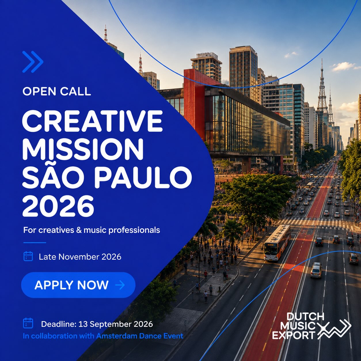 OPEN CALL: Creative Mission São Paulo 2026 🇧🇷
Dutch Music Export is preparing a Creative Mission to São Paulo, Brazil, taking place in late November 2026.
For this mission, we are selecting:
→ 5–6 creatives
Producers, songwriters, topliners and artist-producers for writing sessions, studio work and matchmaking with Brazilian creatives.
→ 4 music professionals
Managers, publishers, labels, A&R’s, distributors, bookers, promoters and other export professionals for company visits, B2B meetings and market introductions.
The mission connects to Brazil-focused programming during Amsterdam Dance Event in October.
Deadline: 13 September 2026
Selection announced: 1 October 2026
Apply now via the link in bio.
#DutchMusicExport #CreativeMission #SãoPaulo Brazil #MusicExport #ADE AmsterdamDanceEvent Songwriters Producers MusicProfessionals BrazilianMusic ElectronicMusic BaileFunk MusicIndustry