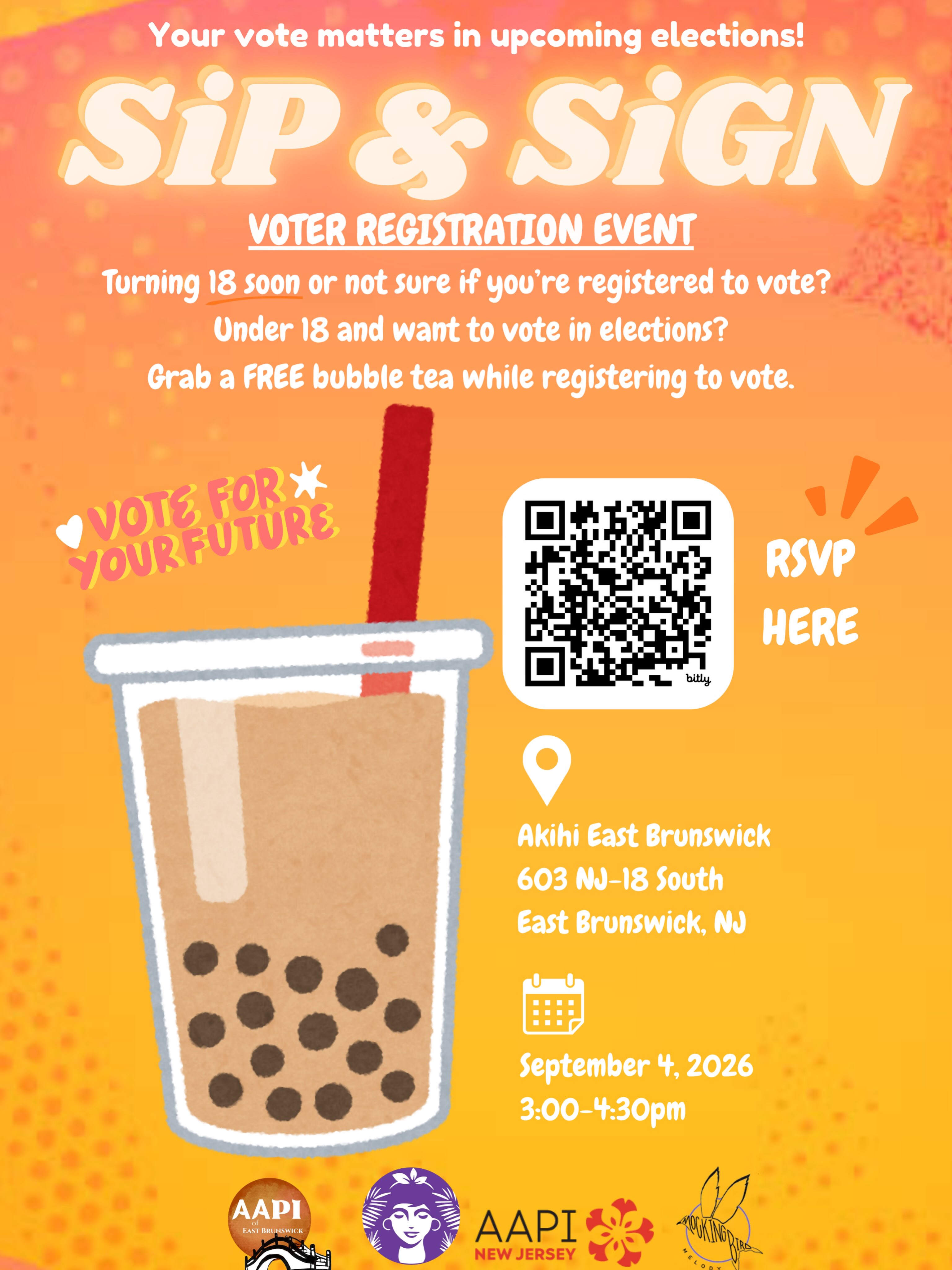 It’s that time of year again! Join us at Akihi Friday, September 4th for our annual Sip & Sign and get FREE bubble tea! If you’re turning 18 or not sure if you’re registered to vote, come out! 🧋🗳️
#aapi #sip&sign #akihi #yourvotematters #apida