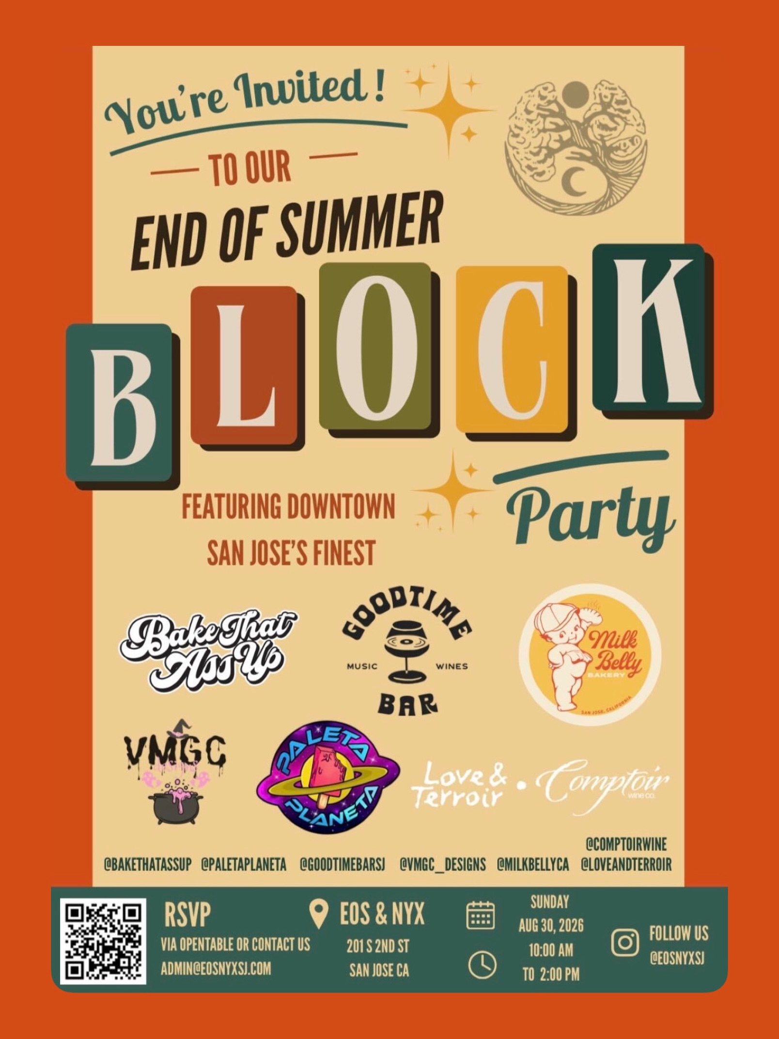 Summer’s not over yet! ☀️ Join us this Sunday for our End-of-Summer Block Party at Eos & Nyx between 10am–3pm. Enjoy BBQ-inspired bites, live-action chef stations, interactive food + beverage experiences, and music all day long!
✨ Local partners: @milkbellyca, @goodtimebarsj, @paletaplaneta, @bakethatassup, @comptoirwine, @loveandterroir, & @vmgc_designs.
If you’re still craving weekend brunch, make a reservation for one of our two brunch seatings through @opentable!
☀️ Two Brunch Seatings: 10am–12pm & 12–2pm