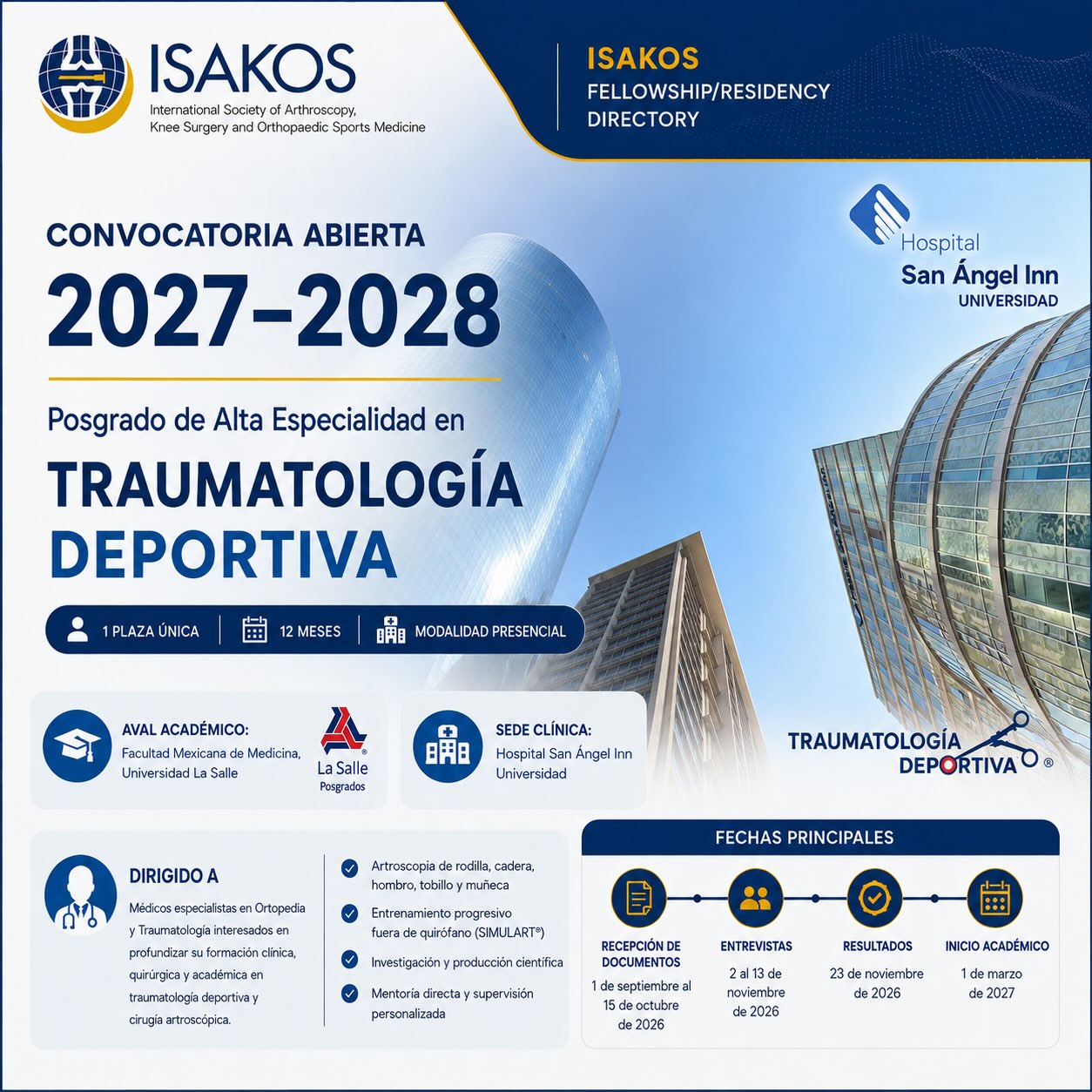 📣 CONVOCATORIA ABIERTA 2027–2028
El Posgrado de Alta Especialidad en Traumatología Deportiva abre su proceso de selección para la promoción 2027–2028.
Programa presencial de 12 meses, dirigido a médicos especialistas en Ortopedia y Traumatología interesados en fortalecer su formación clínica, quirúrgica y académica en traumatología deportiva y cirugía artroscópica.
🏥 Sede clínica: Hospital San Ángel Inn Universidad
🎓 Aval académico: Facultad Mexicana de Medicina, Universidad La Salle
👨⚕️ Plaza: 1 por promoción
📍 Modalidad: Presencial, Ciudad de México
🌎 Visibilidad internacional: programa incluido en el ISAKOS Fellowship/Residency Directory
La formación integra experiencia clínica y quirúrgica, artroscopia de grandes articulaciones, entrenamiento progresivo fuera de quirófano mediante SIMULART®, investigación, producción científica y mentoría directa.
Fechas principales: recepción de documentos del 1 de septiembre al 15 de octubre de 2026; entrevistas del 2 al 13 de noviembre de 2026; publicación de resultados el 23 de noviembre de 2026; inicio académico el 1 de marzo de 2027.
🔗 Convocatoria completa:
https://www.traumatologiadeportiva.mx/post/convocatoria-abierta-2027-2028
📝 Registro de solicitud a partir del 1 de septiembre de 2026:
https://forms.gle/2NCXgy23LSR1n53N7
La recepción de documentos no implica aceptación al programa.
#TraumatologíaDeportiva #Artroscopia #Ortopedia #AltaEspecialidad #PosgradoMédico