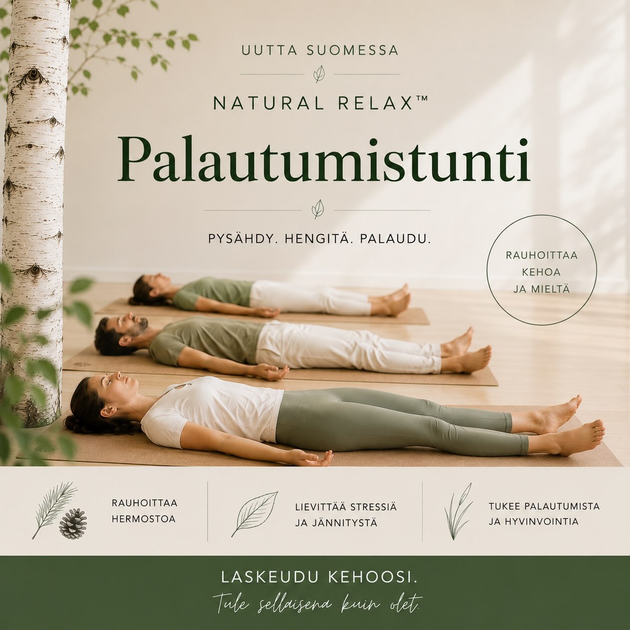 🤍 Kaipaatko hetkeä, jossa saat pysähtyä kuuntelemaan itseäsi, hellittää ja hoivata kehoa ja mieltä?
🤍 Oletko etsinyt hermostoasi rauhoittavaa ja lempeää, palauttavaa tuntia, joka toisi mukanaan kepeämpää ja levollisempaa oloa?
Rentoutumon palveluihin on saapunut uusi Natural Relax- palautumistunti, jota pääsee ensimmäiset jo testaamaan näytetuntina syyskuun ja lokakuun ajan! Ajanvarauksesta saat varattua tunnin 2hlö:lle vello.fi/rentoutumo ja isompiin ryhmiin saat tehtyä varauksen laittamalla sähköpostia asiakaspalvelu@rentoutumo.fi
Näytetunnit on nyt syyskuun ja lokakuun hintaan 19€/osallistuja.
Natural Relax™ on palautumistunti keholle, mielelle ja hermostolle. Tunti auttaa rauhoittamaan ylikuormittunutta hermostoa, vapauttaa kehon jännityksiä ja auttaa palautumaan arjen kuormituksesta.
Tunti yhdistää:
- vireystilaa säätelevää liikettä
- kuormitusta purkavia harjoituksia
- kehoa hellittäviä asentoja
- hengitystä ja kehotietoisuutta
Musiikki on sävelletty yksinomaan tätä tuntia varten. Se ei ole vain taustamusiikkia, vaan osa harjoitusta- tukemassa kehon, mielen ja hermoston matkaa kohti tasapainoisempaa olotilaa.
Olet lämpimästi tervetullut🤍
#naturalrelax #naturalrelaxpalautumistunti #rentoutumonpalvelut #palautuminen