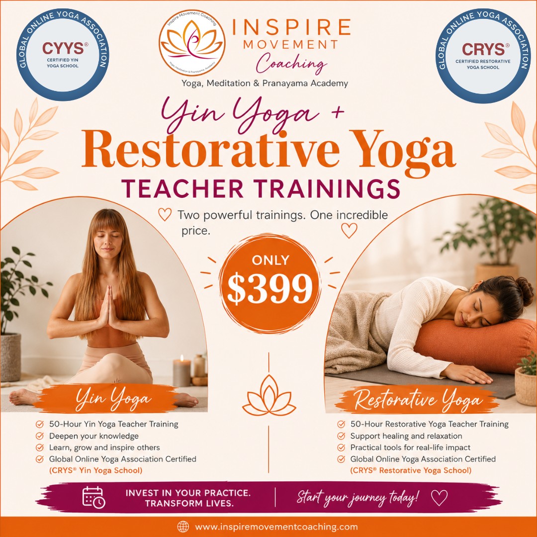 Professional Yin + Restorative Yoga Teacher Training Bundle
Only $399 • Save $99!
Two Complete Certified Teacher Trainings. One Incredible Price.
Deepen your teaching and discover the power of slowing down.
For a limited time, enrol in two standalone certified teacher trainings for just $399 — save $99!
Certified 50-Hour Yin Yoga Teacher Training
Certified 50-Hour Restorative Yoga Teacher Training
Whether you're looking to support nervous system regulation, improve flexibility, reduce stress or create deeply restorative classes, this bundle gives you the knowledge and confidence to teach two of the world's most loved gentle yoga styles.
Your bundle includes:
Two complete Certified Teacher Trainings
Save $99
GOYA-accredited certification
Yoga Alliance Continuing Education (YACEP) approved
Fully online & self-paced
Video demonstrations
Downloadable training manuals
Certificate upon completion
Ongoing support from me
Perfect for yoga teachers, health professionals and wellness practitioners who want to guide students towards greater balance, relaxation and wellbeing.
💜 Enrol today:
https://www.inspiremovementcoaching.com/checkout?checkoutId=ca727402-5ae6-4ff6-81a3-b0f32826d69f&disableContinueShopping=true
#YinYoga #RestorativeYoga #YinYogaTeacherTraining #RestorativeYogaTeacherTraining #YogaTeacherTraining #YogaAlliance #YACEP #GOYA #NervousSystemRegulation #DeepRest #MindfulMovement #YogaEducation #OnlineLearning #SelfPacedLearning #Wellbeing #InspireMovementCoaching