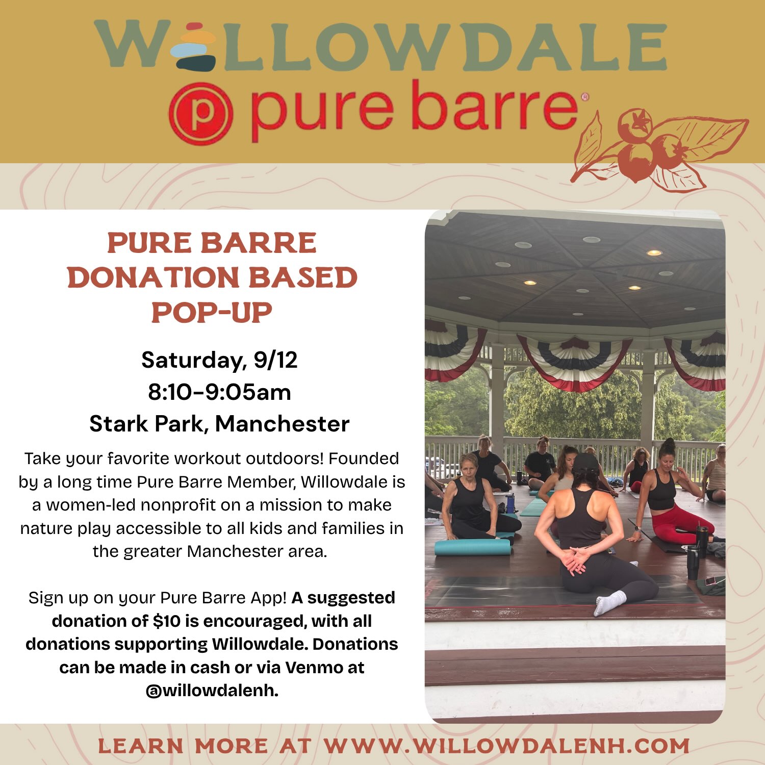 Calling all @purebarrebedford and @purebarrenashua members!! Join us at Stark Park on Saturday, 9/12 at 8:10 to take our fave workout outside!
A suggested donation of $10 supports my non-profit @willowdalenh and our mission to make nature play accessible to all families in Manchester.
Sign up on your Pure Barre App!