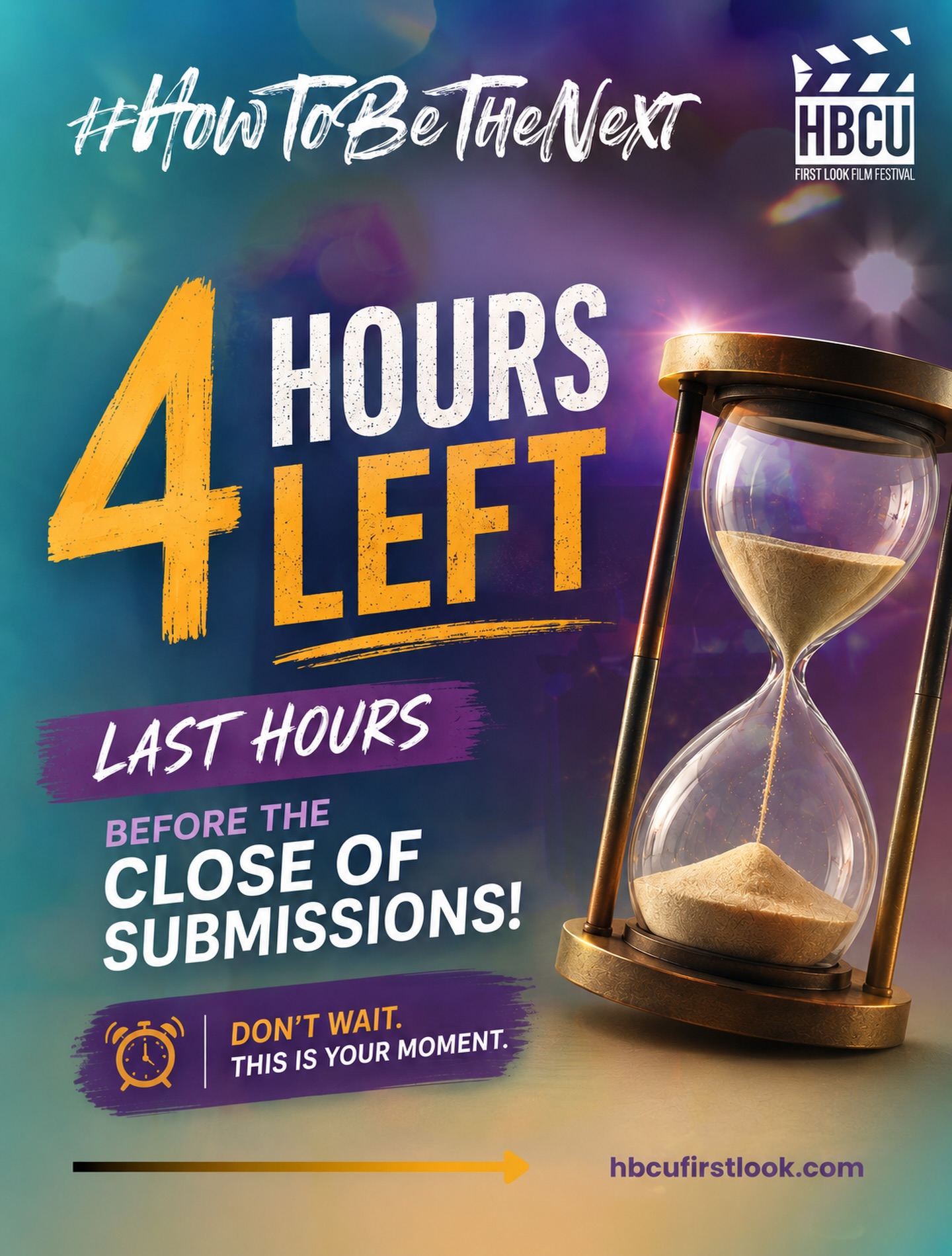 đ¨ 4 HOURS LEFT. đ¨
So ⌠How To Be The Next? You take the shot.
You submit the story thatâs been sitting on your heart. You bet on your vision. You put your name in the room and allow your work to be seen. â¨
Thereâs no one formula for becoming the next generation of storytellers - but every journey starts with a decision to go for it.
You have FOUR hours left before submissions close.
Your next opportunity could start with ONE submission.
Donât wait. This is your moment. Link in bio.
#HowToBeTheNext #HBCUFL #FilmFestival #BlackStorytellers