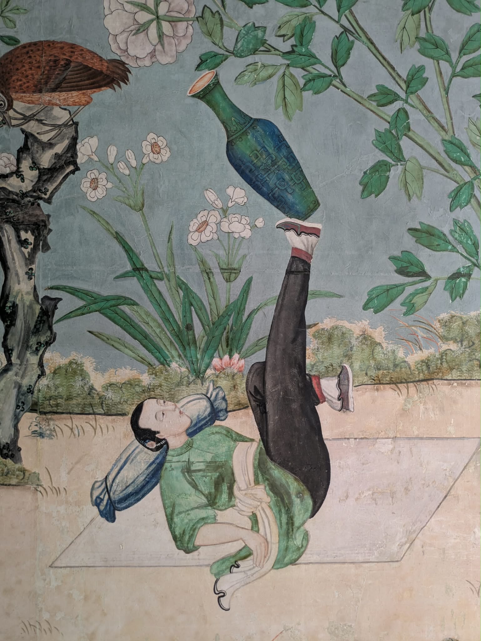 Between the BBC interview, a roadtrip to York, an English Heritage site, and a National Trust site, it’s been a busy holiday weekend, and it’s only Saturday! I was really fascinated by the unique Chinese export / European Chinoiserie wallpaper (an original and European imitation were used) we saw at Wrest Park. The scenes are action packed and lighthearted. I found the artistic liberties with perspective and proportions almost whimsical; the people are tiny, while the plants and birds tower over them. I also loved searching for art within art, finding fans, paintings, ceramics, and games. The Chinese calligraphy was gibberish in many of them, though. I loved looking for the artistic differences between the original Chinese and later imitation paintings, which were noticeable in the palette and overall painting style. I was sad to learn that RAF members drew graffiti moustaches on a handful of figures during WWI. English Heritage chose not to restore them, as these additions became part of the wallpaper’s provenance. There is so much to unpack here in what on the surface seems like a simple wallpaper. Which scene is your favorite?