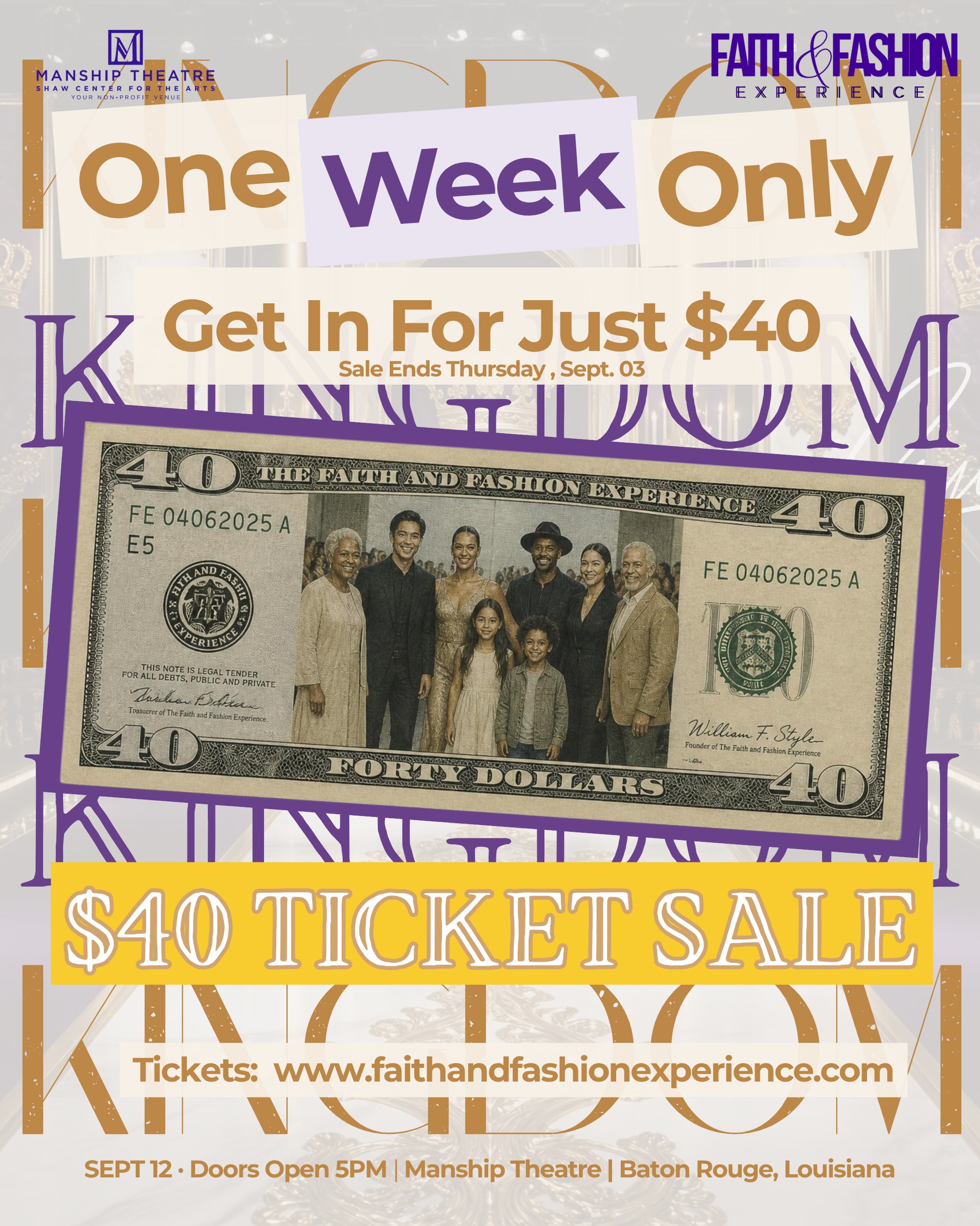 🎉 OUR $40 TICKET SALE STARTS TODAY! 🎉
Get ready for an unforgettable night! From now through September 3rd, you can grab your tickets to the Faith & Fashion Experience for just $40.
I’m personally inviting YOU to come hang out, get inspired, and celebrate an incredible showcase of style and faith together. Bring a friend (or three!) and come share this amazing experience with us.
📍 Venue: Manship Theatre | Baton Rouge, LA
📅 Event Date: September 12
⏰ Doors Open: 5:00 PM
🎟️ Don’t wait until sale prices end on Sept 3rd—claim your $40 spot right now at www.faithandfashionexperience.com (link in bio!)