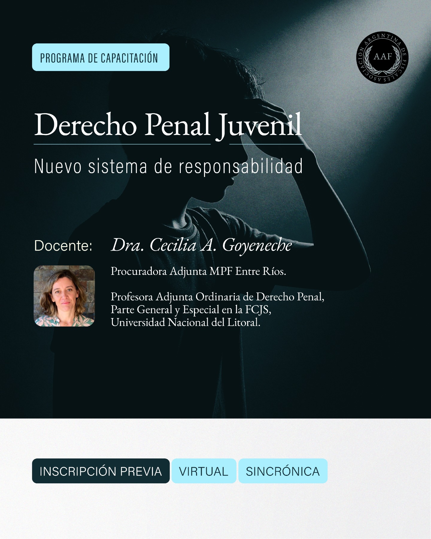 🚨 NUEVO RÉGIMEN PENAL JUVENIL – Capacitación AAF
📚 Programa de Capacitación "Derecho Penal Juvenil: Nuevo sistema de responsabilidad penal"
👩⚖️ Docente: Dra. Cecilia A. Goyeneche (Procuradora Adjunta MPF Entre Ríos)
3 encuentros virtuales:
▪️ Jueves 17/9 – 16 hs
▪️ Viernes 25/9 – 15 hs
▪️ Jueves 8/10 – 16 hs
🎯 Dirigido a fiscales con competencia penal juvenil de todo el país
🎓 Certificado de asistencia AAF
Inscripción: link en bio