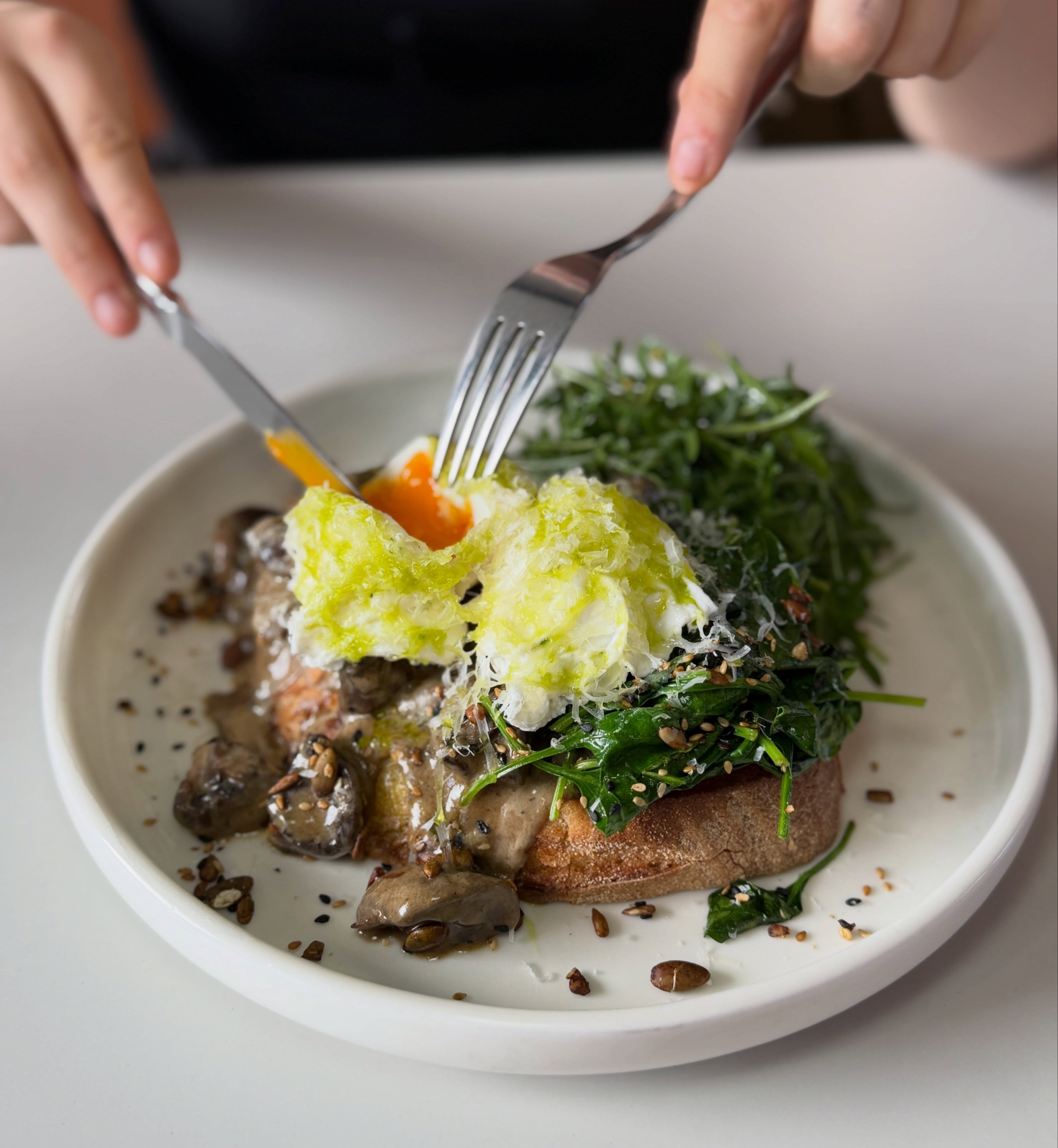 Anyone else love mushrooms or wilted spinach but they are thoroughly boycotted by the rest of the family at home? Highly recommend this vege laden delight on our breakfast menu..