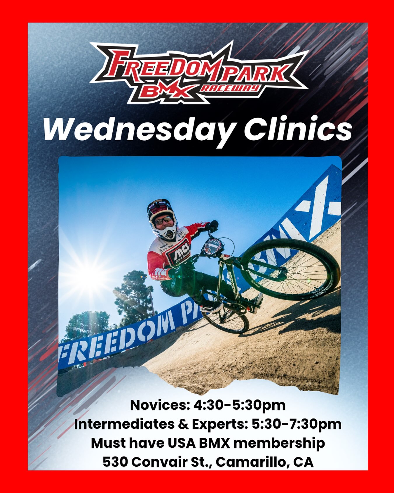 Time to ride with Coach Eric Rupe for his Wednesday clinics at Freedom Park BMX — riders work on gate starts, race strategies, jumping, manualing, and passing all while building confidence on & off the bike. All riders welcome!
Novices: 4:30-5:30PM, $20 cash only.
Intermediates & Experts: 5:30-7:30PM, $35 cash only.
All riders must have a valid USA BMX membership to ride in the Wednesday clinics.
See you at the track!
#freedomparkbmx #socalbmx #usabmx #camarillo