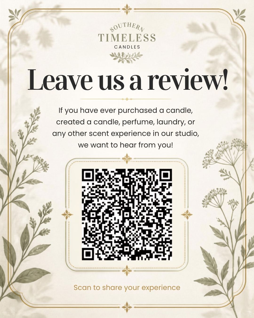Your experience matters to us. 🤍
If you’ve purchased from us, created a candle or perfume, made laundry detergent, or enjoyed any of our other scent experiences, we’d love to hear from you!
A quick Google review helps other visitors discover Southern Timeless Candles and know what to expect when they visit our studio in Gatlinburg.
📱 Scan the QR code and share your experience.
Thank you for supporting our small business! 🕯️✨
#SouthernTimelessCandles #GatlinburgTN #CandleMaking #SmokyMountains #Gatlinburg