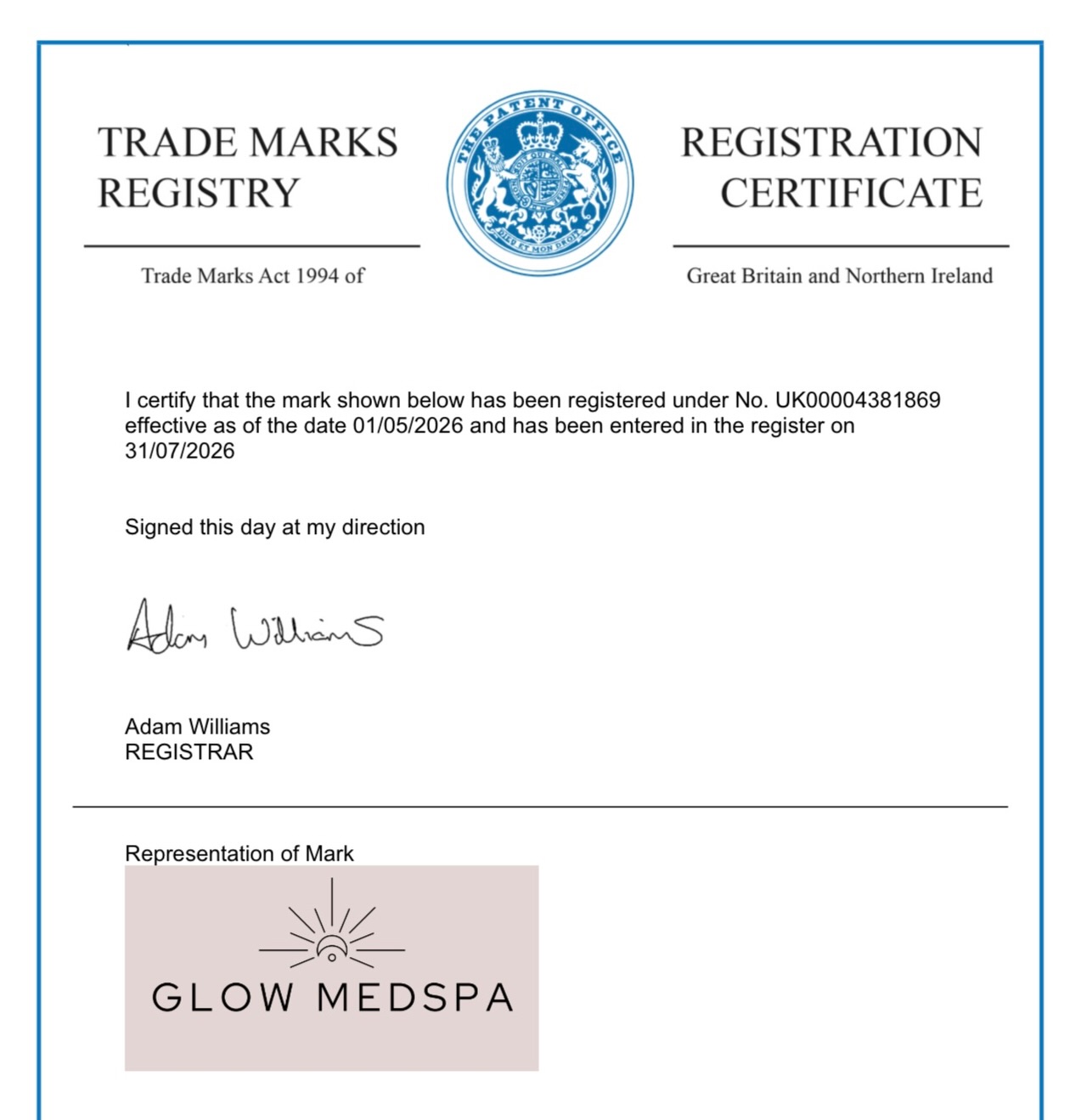 ⨠Itâs official â Glow MedspaÂŽ is a registered trademark! â¨
A very proud little milestone for us at Glow Medspa. đ¤
Our trademark has officially been registered across Classes 3, 35 & 41, protecting the Glow Medspa name as we continue to grow our brand, our education and everything weâre building for the future.
What started as a vision for something more than an aesthetics clinic is continuing to evolve and seeing Glow MedspaÂŽ officially registered feels like another special step in that journey.
Thereâs lots more to come⌠â¨
#GlowMedspa #RegisteredTrademark #GlowMedspaScotland #AestheticsScotland #SmallBusinessMilestone