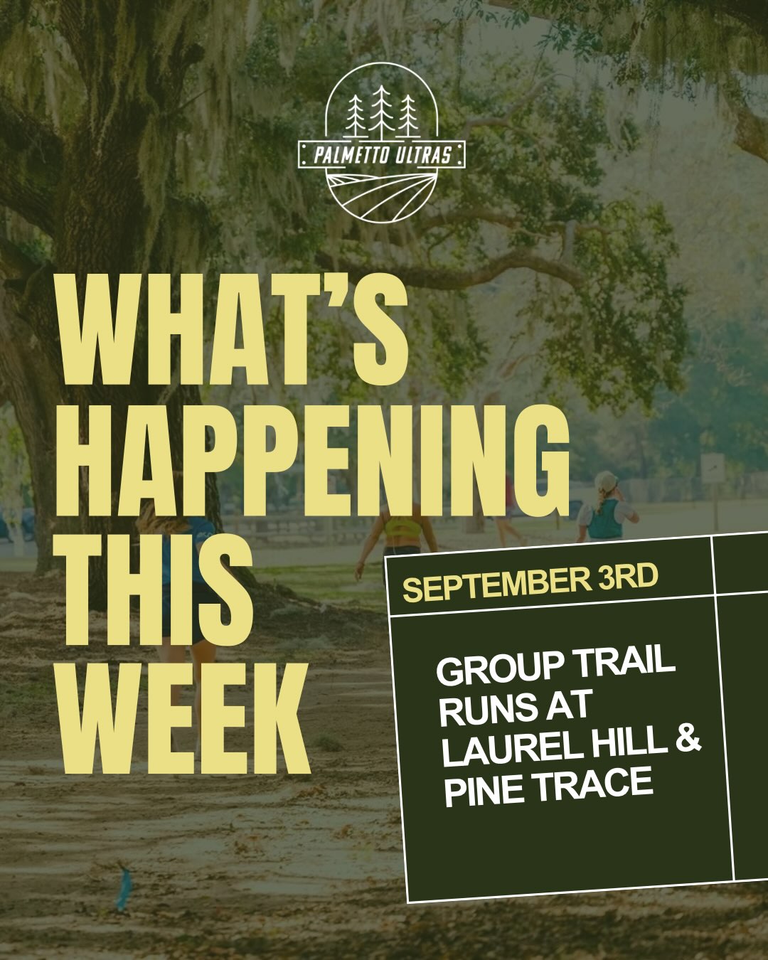 Here's what's going on in the world of running right here in Charleston this week😎
We're super excited to announce that we're starting a weekly recurring group trail run at Laurel Hill County Park every Thursday at 630AM. We'll run the 2.2 mile loop (as many times as you want) so that it's easy to hop out whenever you need to go to work. Big thanks to @tomapper for leading this🙌🏼
@blueskyendurance has their Monday group run TONIGHT so go check it out and be sure to wear your favorite college football team colors 🏈
There are group runs from different organizations everyday of the week so grab a friend and go check one out!
#palmettoultras #lowcountrytrailrunners #charlestonrunning #trailrunninglife