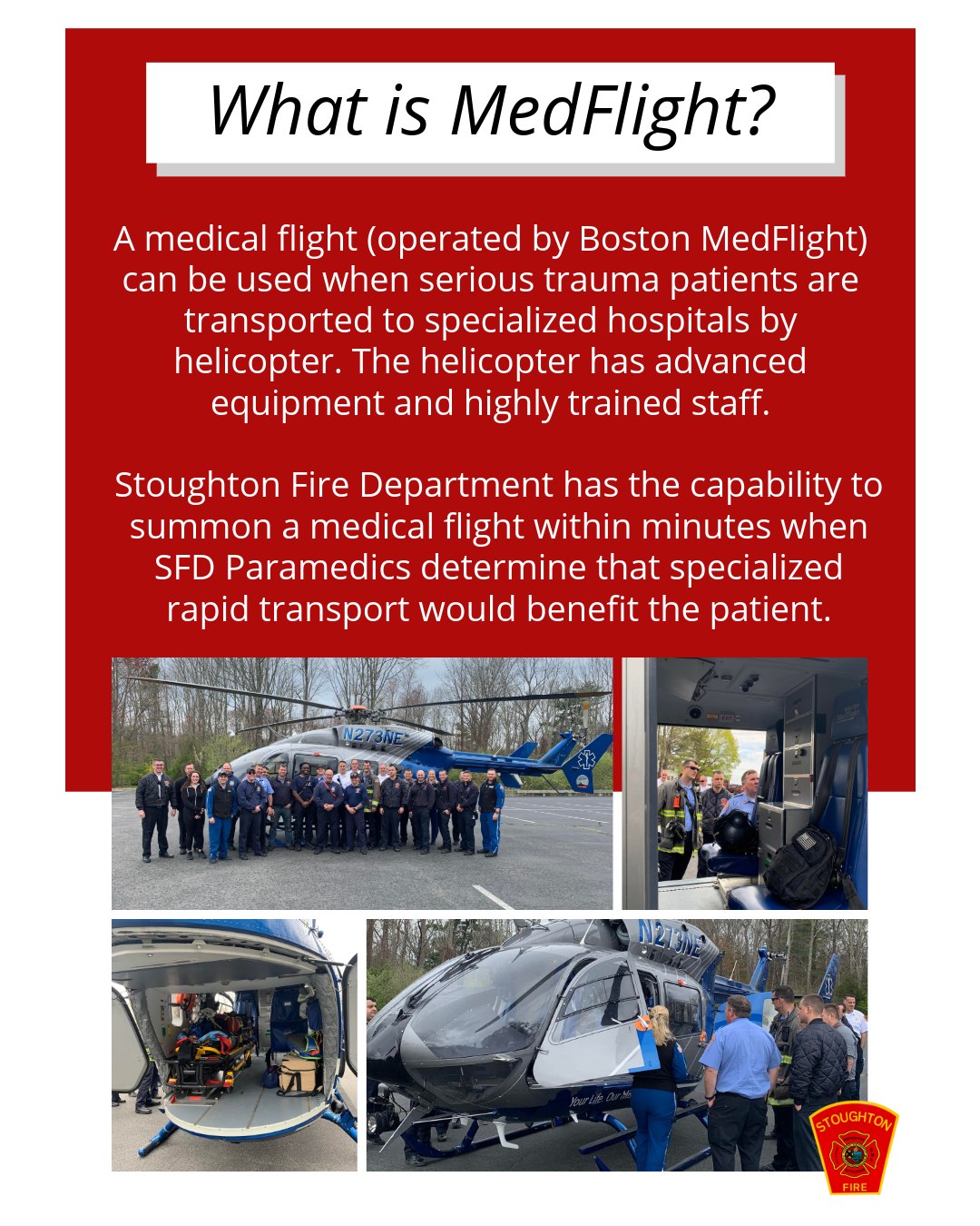 Stoughton Fire Department EMS prioritizes continuous training to ensure the best possible care for our community. This is exemplified by one of the collaborative training sessions with Boston MedFlight. Boston MedFlight serves as a critical resource for our department, providing vital air transport for critically injured patients directly to a Boston Trauma Center when ground transportation is not the most suitable option.â
â
#SFD #MedFlight #ems #paramedic #emergencymedicineâ