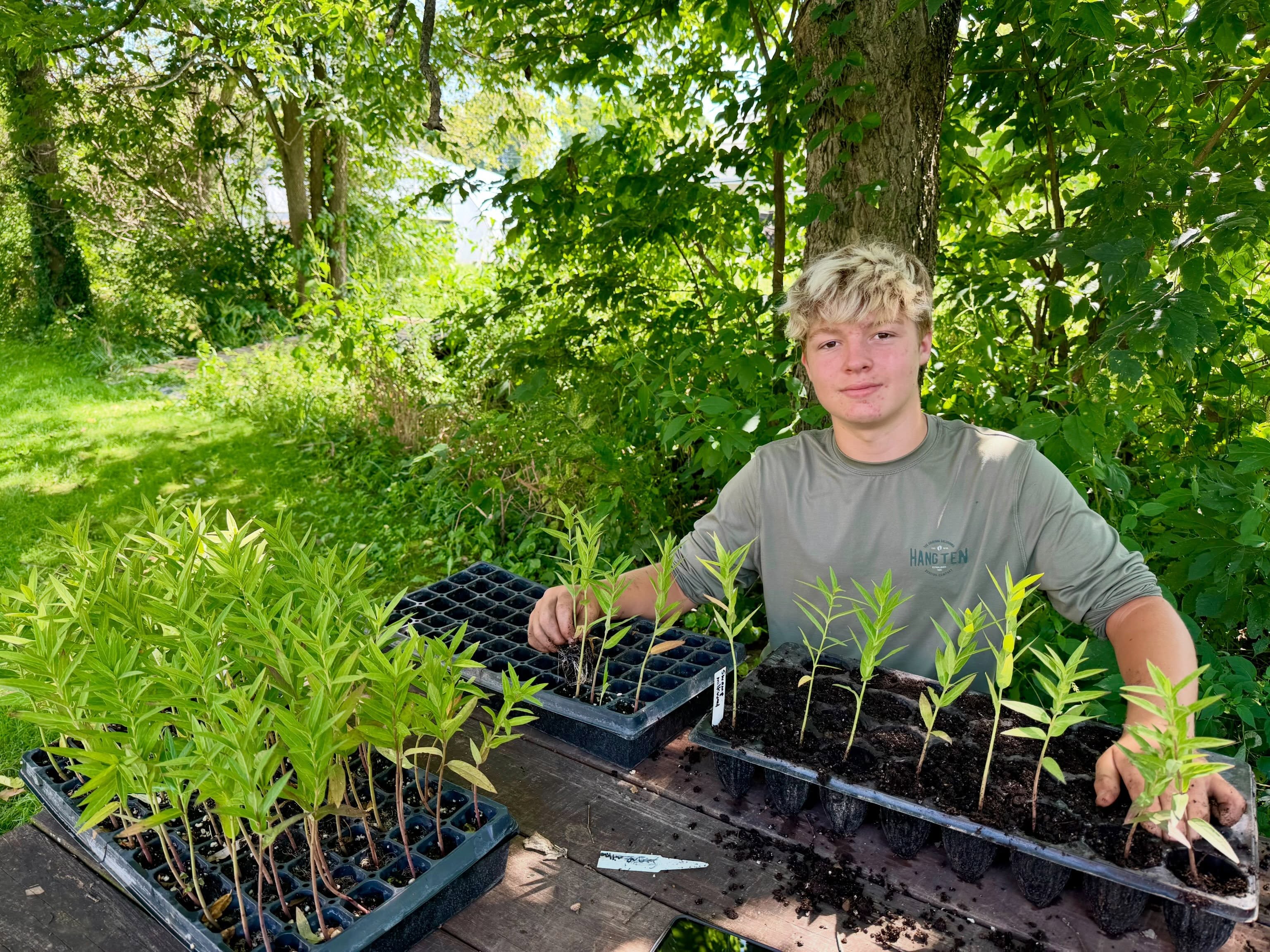 This kid somehow grew up to be a entering high school?! Oh sigh, I remember the days he would be bouncing around in the pack and play in the greenhouse while I worked to start seeds. Now he is potting up plants as part of the farm crew and it’s been bitter sweet to see him going back to school.
I started many of the plants on our list from seed. Quehanna is potting up Swamp Milkweed, Asclepius incarnata in the first photo. Others pictured are Lyre salvia, Monardas, and the pots I picked up from @schroedergardens grown by my dear friend @mgschroeder We are getting closer to our native plant landscape installation coinciding with fall equinox. More photos to come.