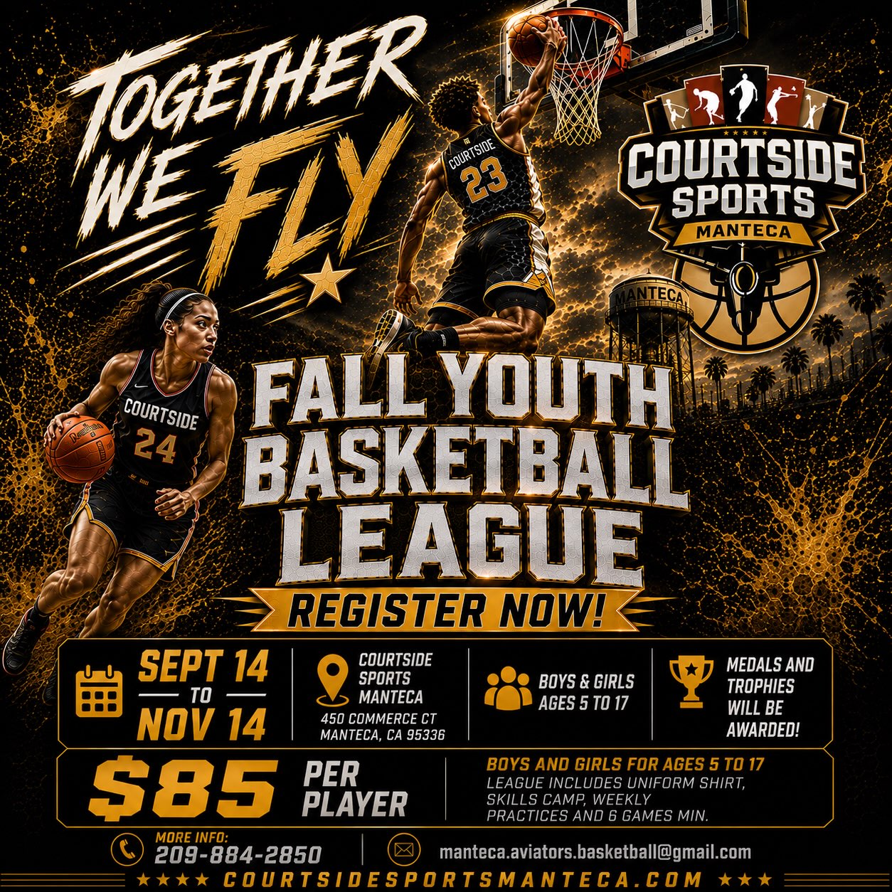 π FALL YOUTH BASKETBALL LEAGUE IS HERE! π
Itβs time to get back on the court! π₯ Courtside Sports Manteca is now accepting registrations for our Fall Youth Basketball League!
π
September 14 β November 14
π¦π½π§π½ Boys & Girls | Ages 5β17
π° $85 Per Player
π Courtside Sports Manteca
450 Commerce Ct., Manteca, CA 95336
π Medals & Trophies Will Be Awarded!
Registration includes:
π Uniform Shirt
πͺ Skills Camp
π₯ Weekly Practices
βΉοΈ Minimum of 6 Games
Whether youβre returning for another season or ready to hit the court for the first time, REGISTER NOW and get ready for Fall Basketball!
βοΈ TOGETHER WE FLY! βοΈ
π² Call or Text: 209-884-2850
π§ Email: manteca.aviators.basketball@gmail.com
π courtsidesportsmanteca.com
SPOTS ARE LIMITED β REGISTER TODAY!
#FallBasketball #YouthBasketball #MantecaBasketball #MantecaAviators #TogetherWeFly CourtsideSportsManteca YouthSports BasketballLeague CentralValleyBasketball 209Basketball MantecaCA BasketballSeason