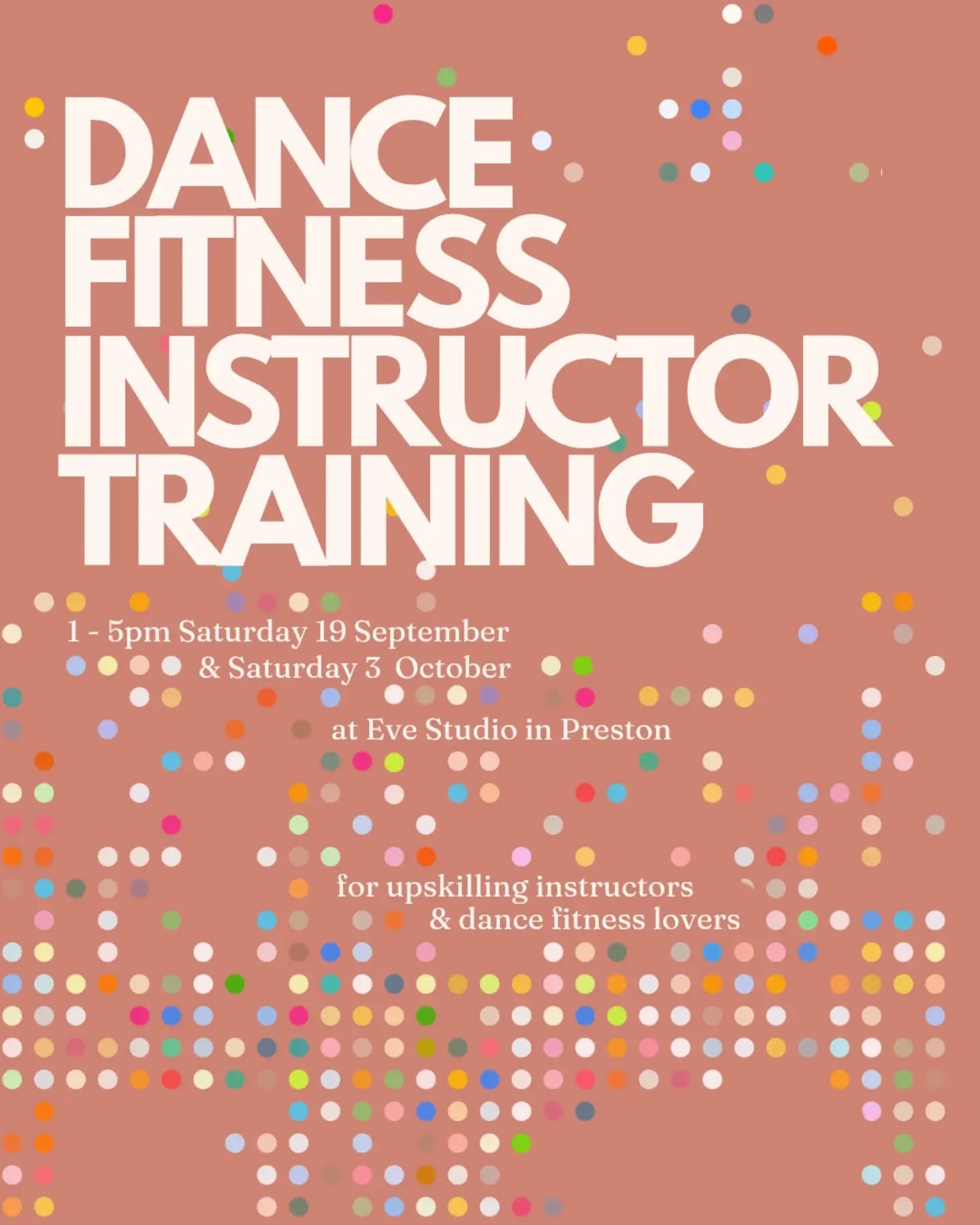 We’ve been talking about doing this for while now, and it’s finally ON! 🌟
Come learn to design, prepare and teach super-fun dance fitness classes that tick all the boxes. We’re talking great workout, cool moves, and alllll the smiles. 😄
This could be for you if you’re a fitness instructor or dance teacher ready to broaden your range.
Or maybe you’re a dance fitness lover just wanting more - whether you want to teach or not.
Join @_anniecarter for two practical, playful Saturday afternoons where you'll learn the skills to create and teach your own dance fitness classes.
1 - 5pm Saturdays
19 September & 3 October
(with a fortnight and a little bit of fun homework in between)
at Eve in Preston
Book your spot now on our app or at
evestudio.com.au