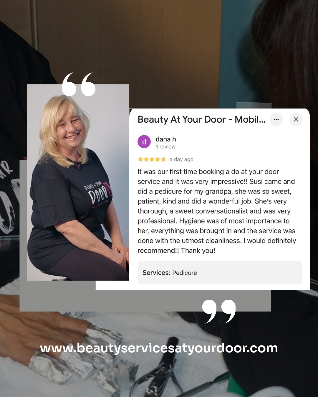 When it comes to your grandparent’s care, you want someone you can truly trust.
Recently, we brought our pedicure service to a grandpa at home and his family had this to say 👇
“She was so sweet, patient, kind and did a wonderful job… everything was brought in and the service was done with the utmost cleanliness.”
This is why we do what we do.
No stressful trip to the salon. We bring the care to them.
If your parent or grandparent needs a professional pedicure, DM us “CARE” to book.
Serving Brampton, Mississauga, Etobicoke and GTA.
#BeautyAtYourDoor #SeniorFootCare #BramptonOntario #MississaugaOntario #GTA