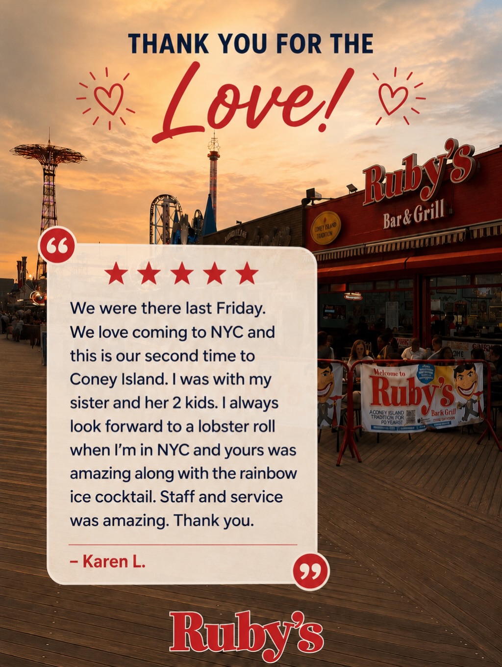 Thank you, Karen, for the incredibly kind words!
There are a LOT of places to grab a bite in NYC, so knowing you made Ruby’s part of your Coney Island visit means the world to us.
❤️
