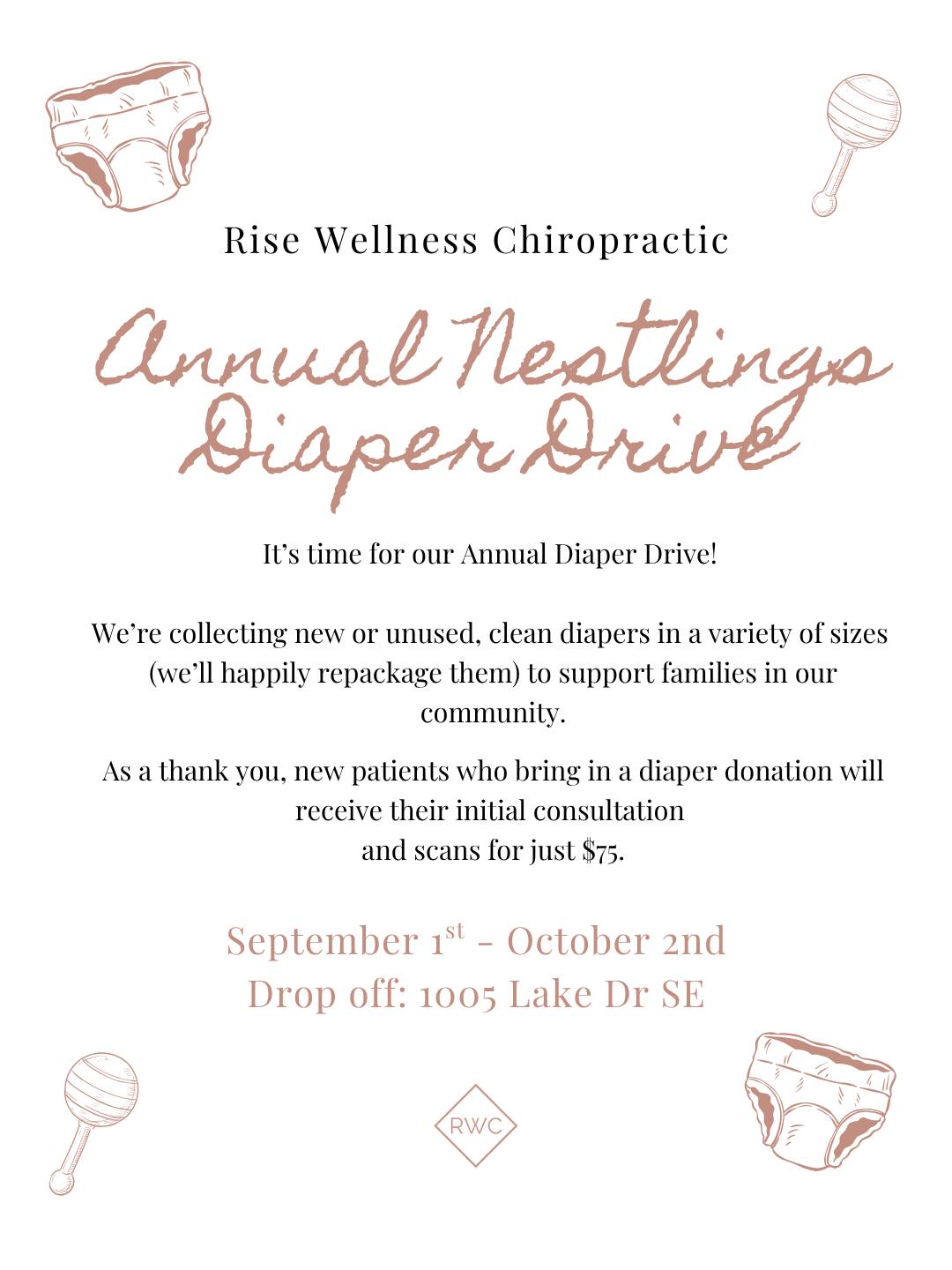 It’s that time of year! We’re kicking off our annual Nestling Diaper Drive!
This diaper drive is open to everyone, whether you’re a new patient, a current patient, or a wonderful member of our community. We’ve created an Amazon Wishlist to make donating easy. You can find the link in our bio!
If you’ve been wanting to see us or have been on the fence about making an appointment, now is the perfect time! Bring in a diaper donation and receive your initial appointment for just $75 (normally $200).
We can’t wait to make this our best Diaper Drive yet! We’re so proud of our incredible community and the way we come together to support local families and give back. 🫶
Ready to help? Grab something from our wishlist or tag someone who would love to come see us!
