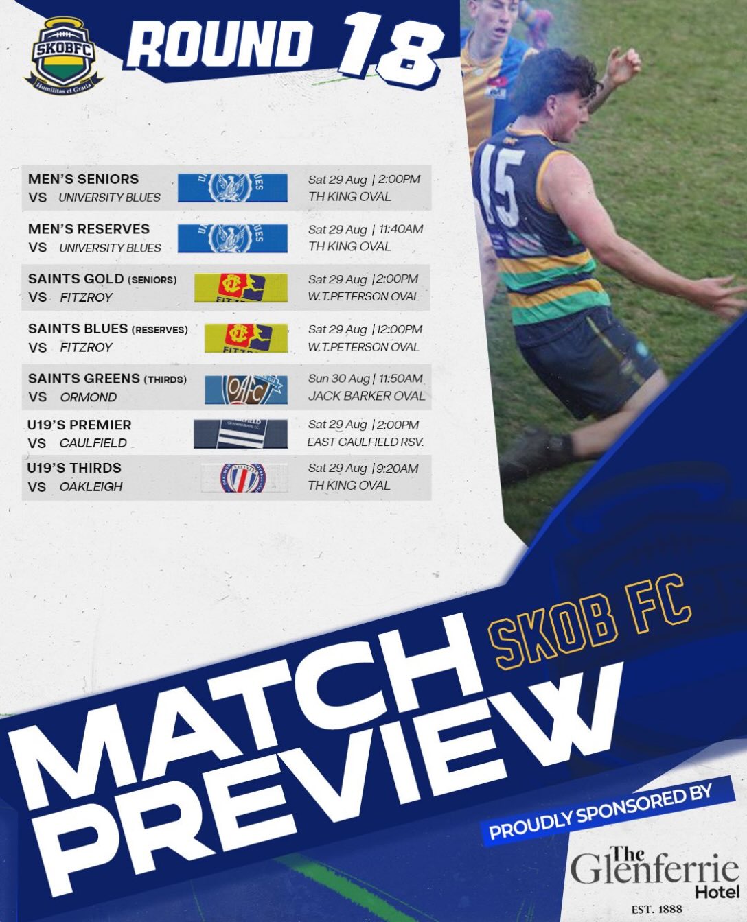 Round 18 fixture! Get down and support!
Proudly sponsored by @glenferrie_hotel
#goSKOBπππ