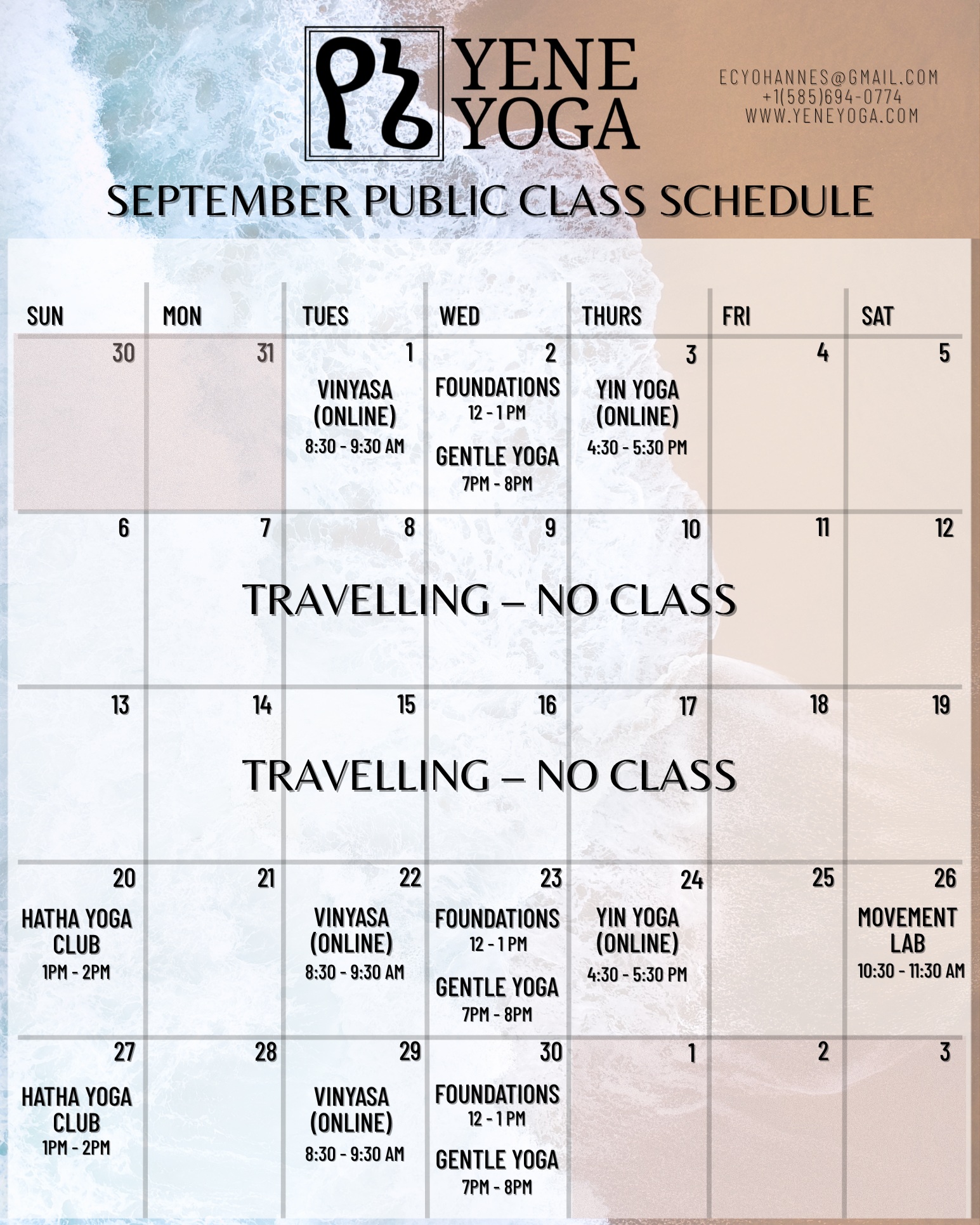 This updated September schedule includes the following special event: Movement Lab: Foundations, held by the Mindful University Project @urmindfuluniversityproject at the University of Rochester!
Saturday, 9/26
Movement Lab: Foundations
10:30 - 11:30 AM EST
University of Rochester
Leibner-Cooper Room, Goergen Athletic Center
720 Library Rd, Rochester, NY 14611
This class series, taught by rotating instructors, is free for University of Rochester students and staff with an R-Club membership. Sign up or learn more at https://www.rochester.edu/mindful/meditationandyoga/.
The calendar is otherwise accurate; please find recurring class details listed below and refer to the booking calendar at www.yeneyoga.com for private booking availability.
Recurring Tuesdays
☀️Mindful Energizing Vinyasa (ONLINE ONLY)
8:30 - 9:30 AM EST
Jula Transform
Held ONLINE
$10 flat-rate
Please book at least 30 min* before. PRE-REGISTRATION REQUIRED.
Recurring Wednesdays
⚒️Foundations*
12:00 - 1:00 PM EST
Tru Yoga
683 South Ave, Rochester, NY 14620
$10/$17/$22 Sliding Scale pricing
*All Tru classes must be booked directly through Tru at www.truyogaroc.com
🧘🏽♀️Gentle Yoga*
7:00 - 8:00 PM EST
Karuna Yoga House
721 Pittsford Victor Rd, Pittsford, NY 14534
$20 Drop-In
*All Karuna classes must be booked directly through Karuna at www.karunayogahouse.com
Recurring Thursdays
☯️Peaceful Release Yin Yoga (ONLINE ONLY)
4:30 - 5:30 PM EST
Jula Transform
Held ONLINE
$10 flat-rate
Please book at least 30 min* before. PRE-REGISTRATION REQUIRED.
Recurring Sundays
💡Hatha Yoga Club
1:00 - 2:00 PM EST
University of Rochester
Leibner-Cooper Room, Goergen Athletic Center
720 Library Rd, Rochester, NY 14611
Free for University of Rochester students and staff with an R-Club membership. Sign up or learn more at https://ccc.rochester.edu/hathayoga/home/.
#yoga #rochesterny #rochesteryoga #vinyasa #yin #beginners #events #series #thingstodo #gentle