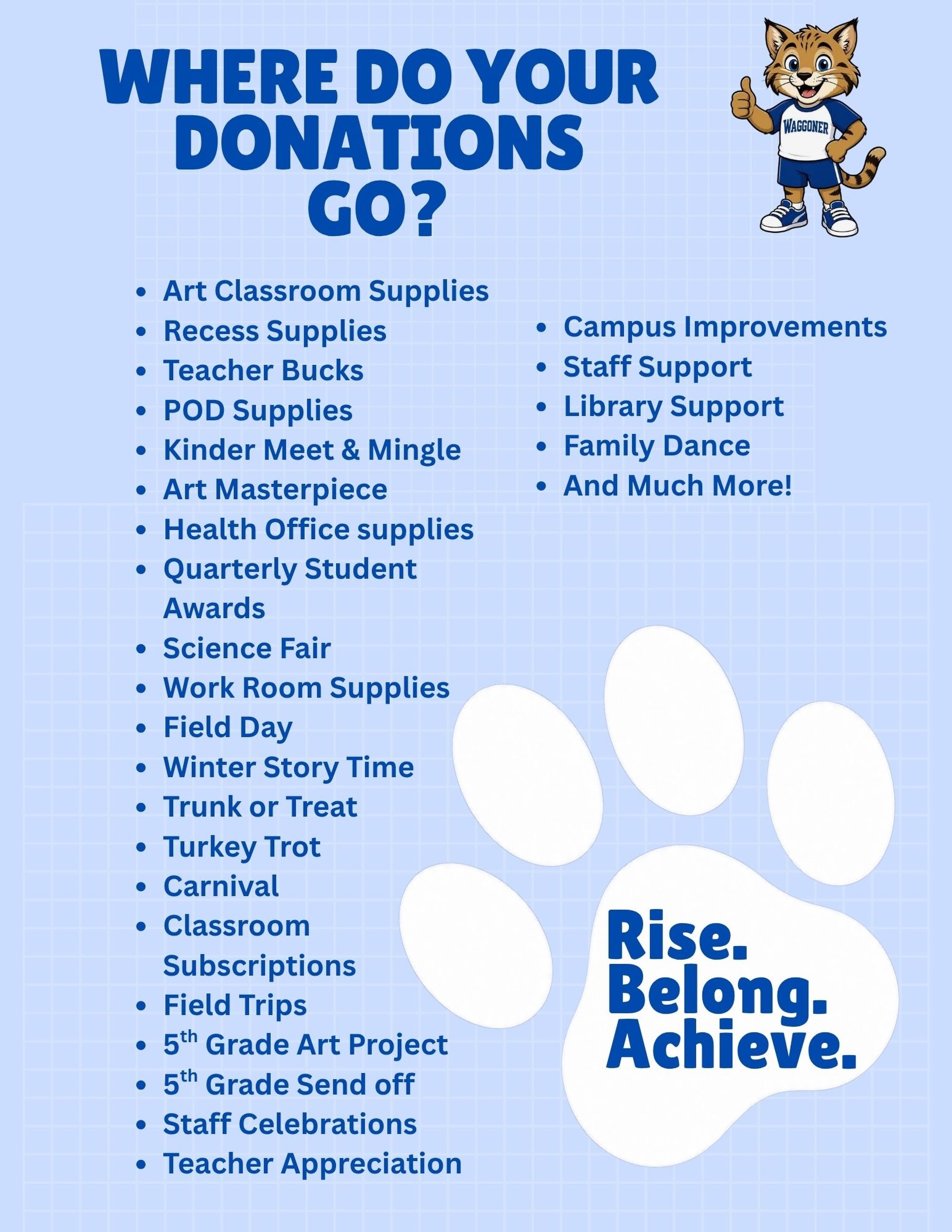 Every donation to Waggoner’s PTO makes a meaningful difference because 100% of your support goes directly back to our students and staff. From enriching student experiences and supporting our teachers to providing resources, activities, and opportunities that make our school special, the impact of your generosity can be seen throughout Waggoner Elementary. None of the things we are able to accomplish through PTO would be possible without the incredible support of our Waggoner families.