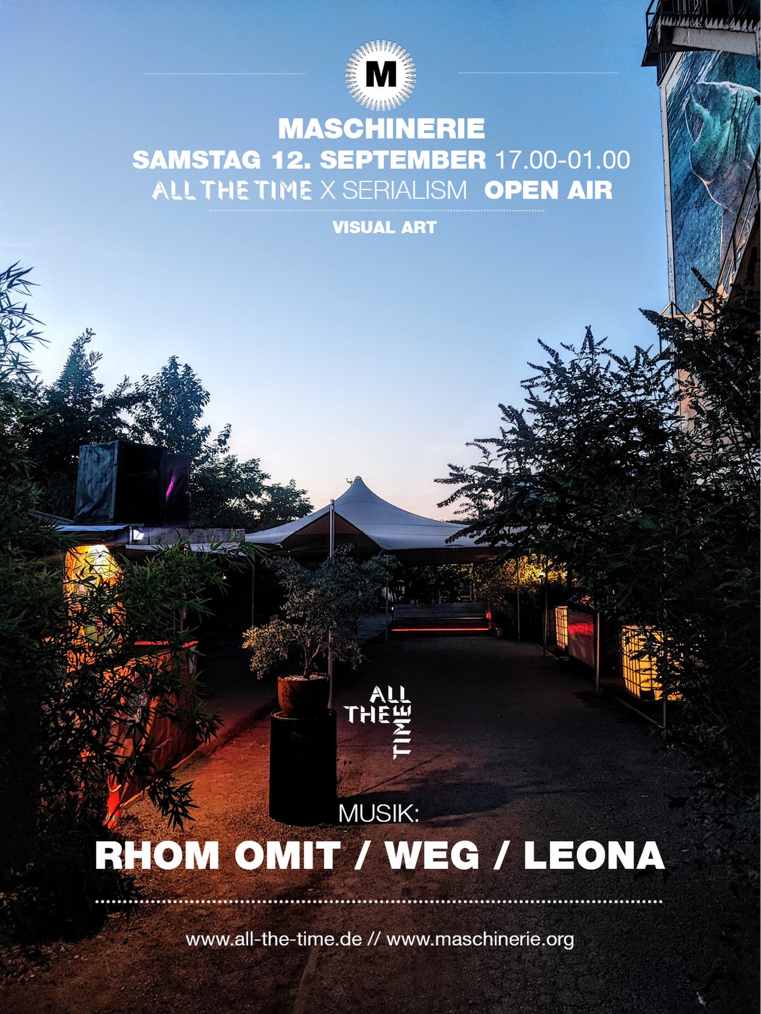 TODAY -> DORTMUND 🎶
Serialism joins forces with our friends at @maschinerie_ev for an open air session with @all_the_time_music.
RHOM OMIT / WEG / LEONA
17:00–01:00
See you outside 🖤
@rhomomit @weg_music @leolezy_