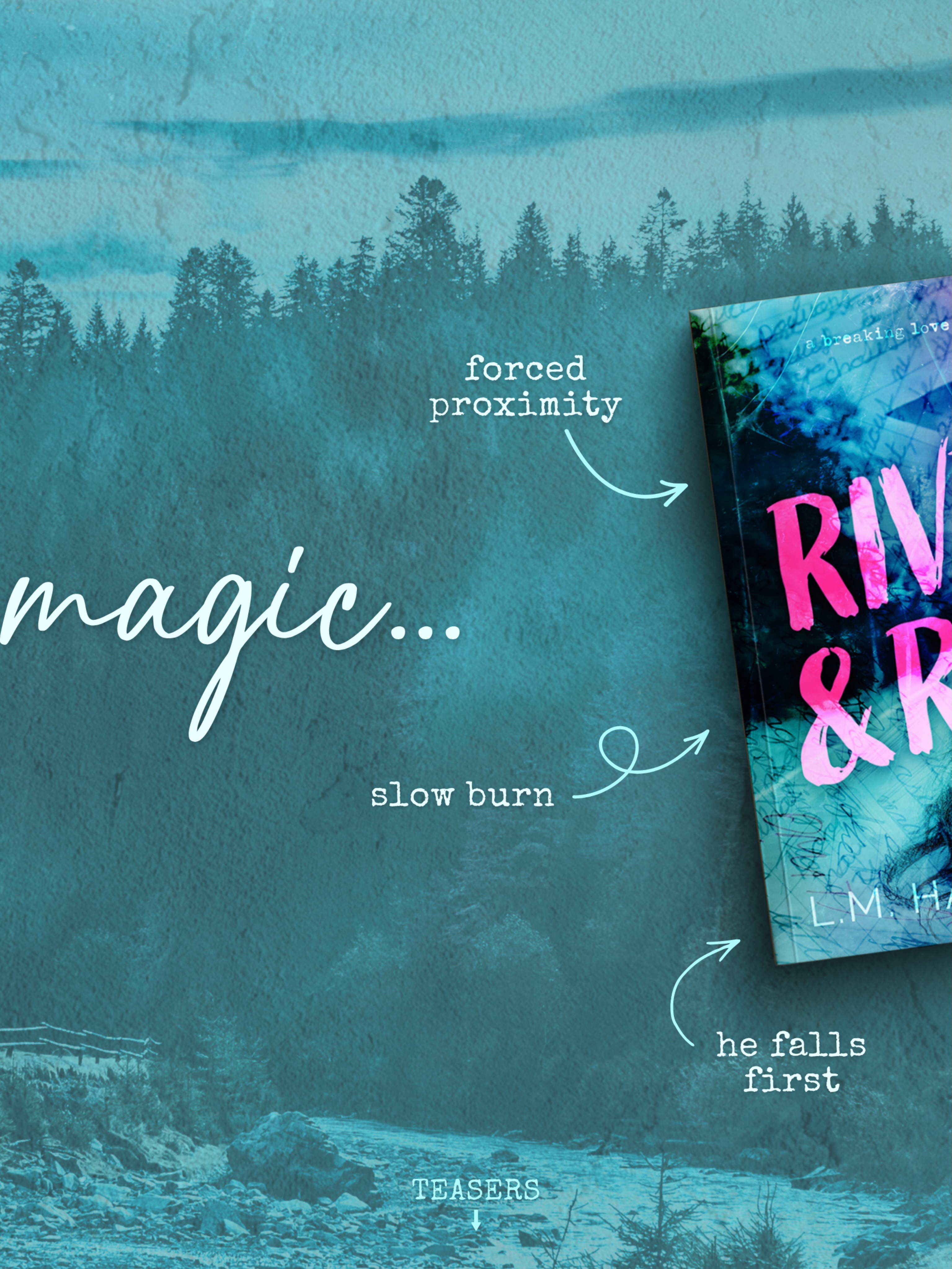 🌼 TEASERS 🌼
Swipe for excerpts from RIVER & RUE, a story about two people who belong together but have to figure their shit out.
(Spoiler: they do.)
MICROTROPES:
- whimpering (him of course)
- slooty glasses (also him)
- a surprise in his pants (iykyk)
- hair washing (and hair in general but not in a weird way just trust me)
- hand necklaces (with neck support)
- agony wanks (both of them)
- one tent (couldn’t resist)
Welcome to the Pacific Arts Collective, a renowned retreat for creatives nestled in the shade of California’s mighty redwoods. Enjoy meals prepared by our Michelin-starred chef, complimentary acupuncture and massage, and the breathtaking views from our saltwater pool!
I should probably warn you that cell service is spotty at best, and don’t bother asking Kirk about the WiFi. Sorry in advance for the plumbing issues too. Oh, and don’t worry – your cabin may look seconds from collapse, but it passed all relevant safety inspections.
May your time here be transformative!
Best of luck,
Laura
p.s. Whatever you do, don’t look at Kirk’s feet, eat his homemade candy, or ask about Gilbert...
I study his face, frowning. “What’s wrong?”
River scoffs. “Like you care.”
I’m so taken aback the truth slips out. “Of course I care.”
His eyes snap to mine, simmering with new intensity.
I stammer, “Because—duh. You’re my best friend’s brother. You’re basically… you know.”
The slow curl of his lips is too sinister to be mistaken for a smile. It’s part snarl, part smirk. A smarl. Snirk?
Shit. I’m breathing way too fast.
Like it’s feeding on my panic, his not-a-smile grows. “Go on. I’m basically what? A sibling?”
I scoff extra-emphatically, then do it again for good measure.
“If we were related, I’d put myself up for adoption.”
He barks a laugh. A real one. Twinkling eyes with fanning creases and that lopsided grin, the right side boasting a single dimple as though a smile like his needed punctuation.
He knows ✨exactly✨ what he’s doing.
•
When River braces an arm on the doorframe beside my head, at least a billion of my brain cells spontaneously combust. Even more disintegrate when he curves over me, all bare skin and messy man bun and oh-