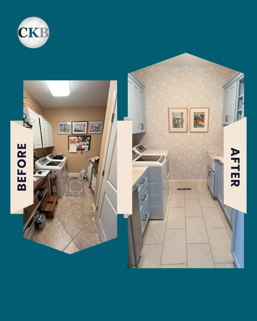 "Proof that laundry day doesn't have to feel like a chore." New baby blue cabinetry and gold hardware turned this dated space into something worth showing off (with bonus pantry storage, because function matters too😉).
Designer: Angie Moats