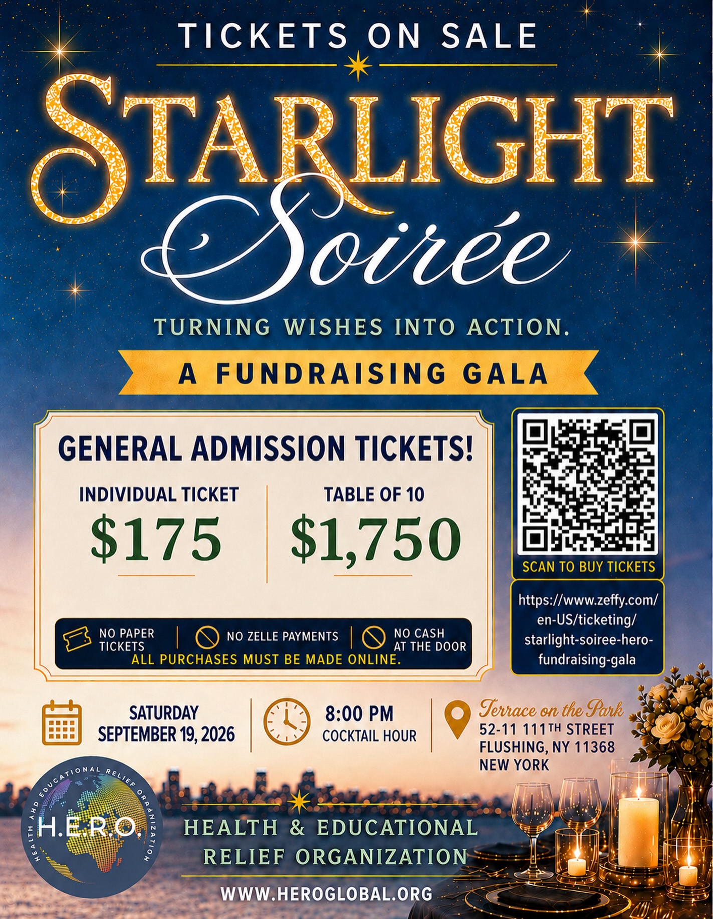 ✨🌟 THE COUNTDOWN IS ON! 🌟✨
The H.E.R.O. Starlight Soirée: Turning Wishes Into Action is just around the corner! 💫
Get ready for an unforgettable evening of elegance, celebration, great vibes, and purpose as we come together to support the incredible work of the Health & Educational Relief Organization (H.E.R.O.).
🌟 Don’t wait until the last minute—get your tickets TODAY! Gather your friends, reserve a table, dress to shine, and join us for a spectacular night where celebration meets impact.
📅 Saturday, September 19, 2026
🥂 Cocktail Hour: 8:00 PM
📍 Terrace on the Park | Flushing, NY
🎟️ Individual Ticket: $175
✨ Table of 10: $1,750
🎟️ PURCHASE HERE: https://www.zeffy.com/en-US/ticketing/starlight-soiree-hero-fundraising-gala?utm_source=chatgpt.com
Every ticket helps H.E.R.O. continue turning wishes into action through its health and educational initiatives. ❤️
✨ The stars are aligning. The date is approaching. Your seat is waiting.
Get your tickets today, and we’ll see you under the stars! 🌟🥂✨
#HEROGLOBAL #StarlightSoiree #TurningWishesIntoAction #HEROGala2026 #FundraisingGala NYCEvents GivingBack GetYourTickets September19