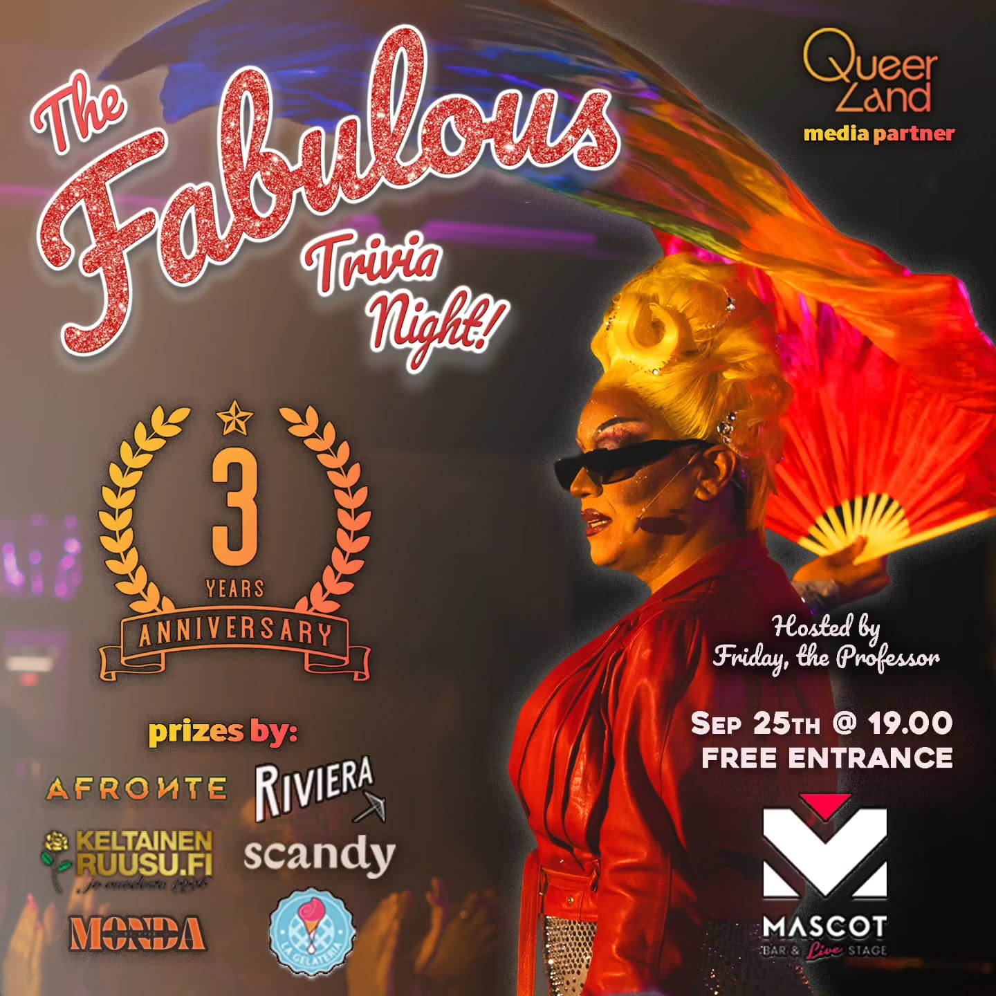 In September, we celebrate three years of one of the most special parts of my artistic life. A space where I somehow managed to mix performance, music, drag, and education; where so many doors opened for me to discover skills I didn't even know I had! Of course we're celebrating… some people don't even stay married for three years! 😂
Thank you, Finland, for embracing this crazy little idea and helping it grow into something so meaningful. This celebration is for everyone who has been part of the journey, and I dedicate it to all the stubborn dreamers who keep showing up and fighting for what they believe in.
Come celebrate with us. Three years, and we're just getting started! 🥹🌈✨
Topics:
🎶 Pop DIVAS: lyrics, songwriters, performers & voices
📺 Streaming & TV: successful reality shows and series�
🌎 Geography: Territories, politics and Flags
🗣️ Language & Words
🐅 Animals: physiology, sounds and characteristics
Prizes by
@keltainenruusuofficial
@monda_restaurant
@rivieracinemas
@lagelateria.fi
@scandybeauty
@afrontejp
📍@mascotofficial ⏰ 19:00 🗓️ September 25th
You can walk in, but we highly encourage you to reserve a table by answering the RSVP in my website
Media partner @queerlandmedia ⭐
📸 by @pizzaphage
THREE YEARS OF THE FABULOUS TRIVIA NIGHT! Can you believe? 🥺 🥰
