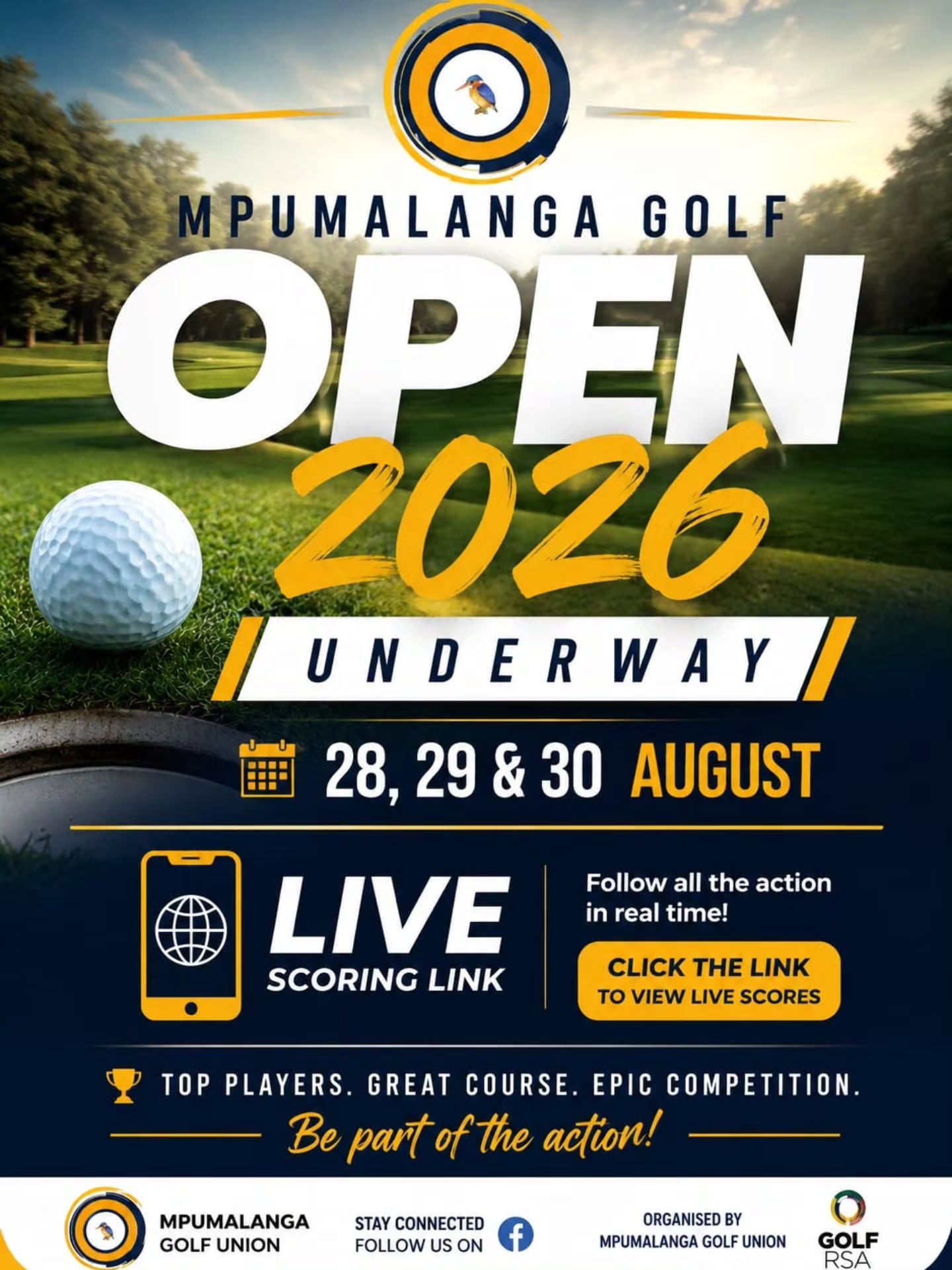 🏆 MPUMALANGA OPEN 2026 IS UNDERWAY! 🏆
Three days of top-class golf as some of Mpumalanga’s finest take to the course from 28–30 August in pursuit of the Mpumalanga Open title!
📲 LIVE SCORING AVAILABLE
Click on the link to follow all the action
https://mpumalanga.cw.za.prod.dotgolf.co.za/tournament-leaderboard?tournamentid=7&competitionid=1371
#MpumalangaOpen2026 #MpumalangaGolf #MGU #LiveScoring #TournamentGolf golfrsa GolfRSA MpumalangaGolfUnion GolfTournament