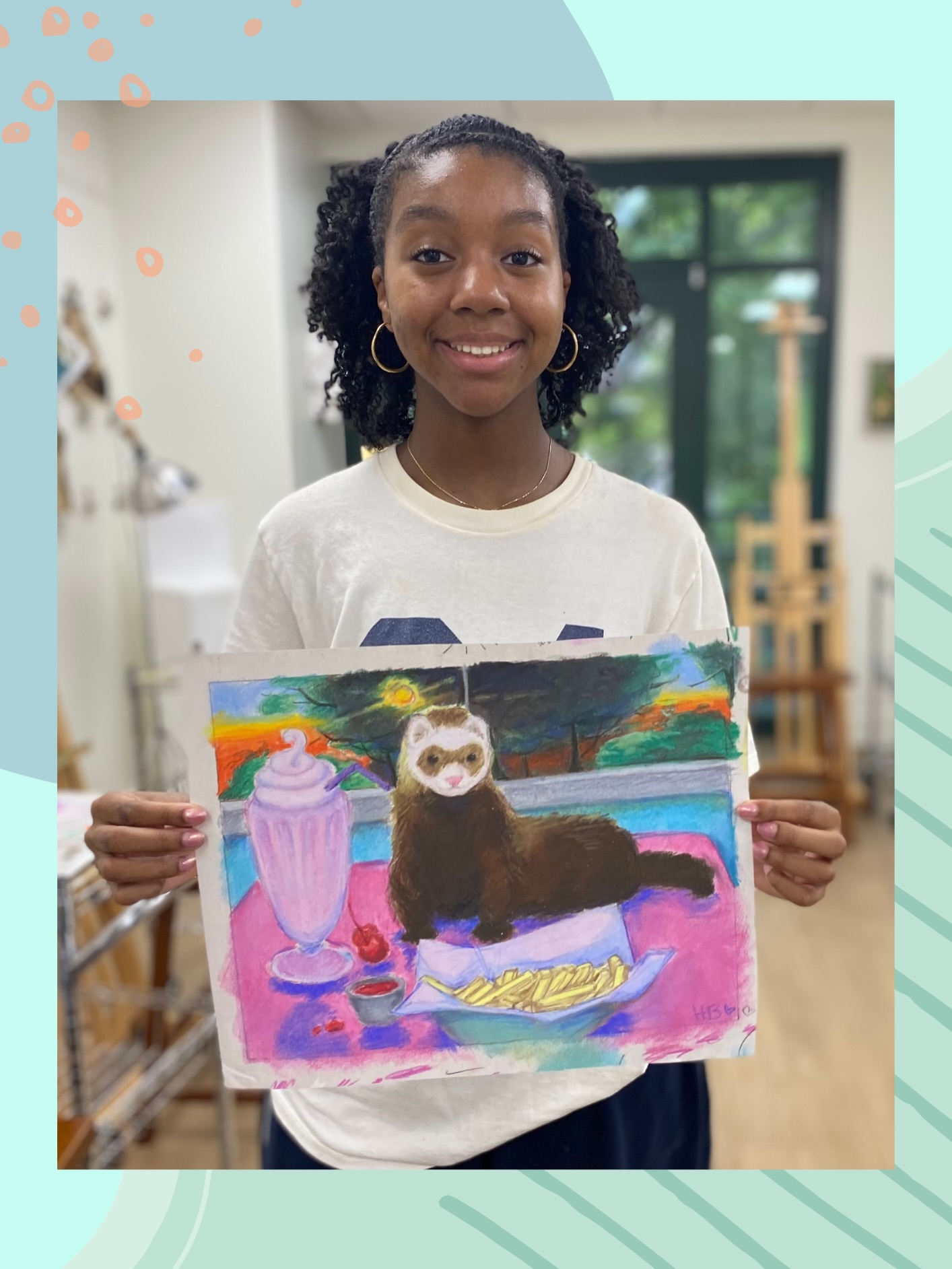 We are loving this adorable pastel ferret from Harper, age 15! 🍦 🍟 swipe to see how she feels about the completed piece!